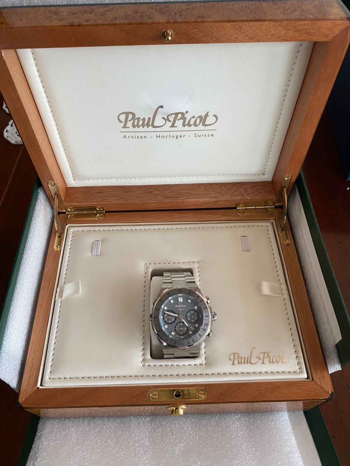Paul Picot Yachtman Tachymeter — orologio nella scatola originale Paul Picot in legno, corredo completo — IlBotteghino