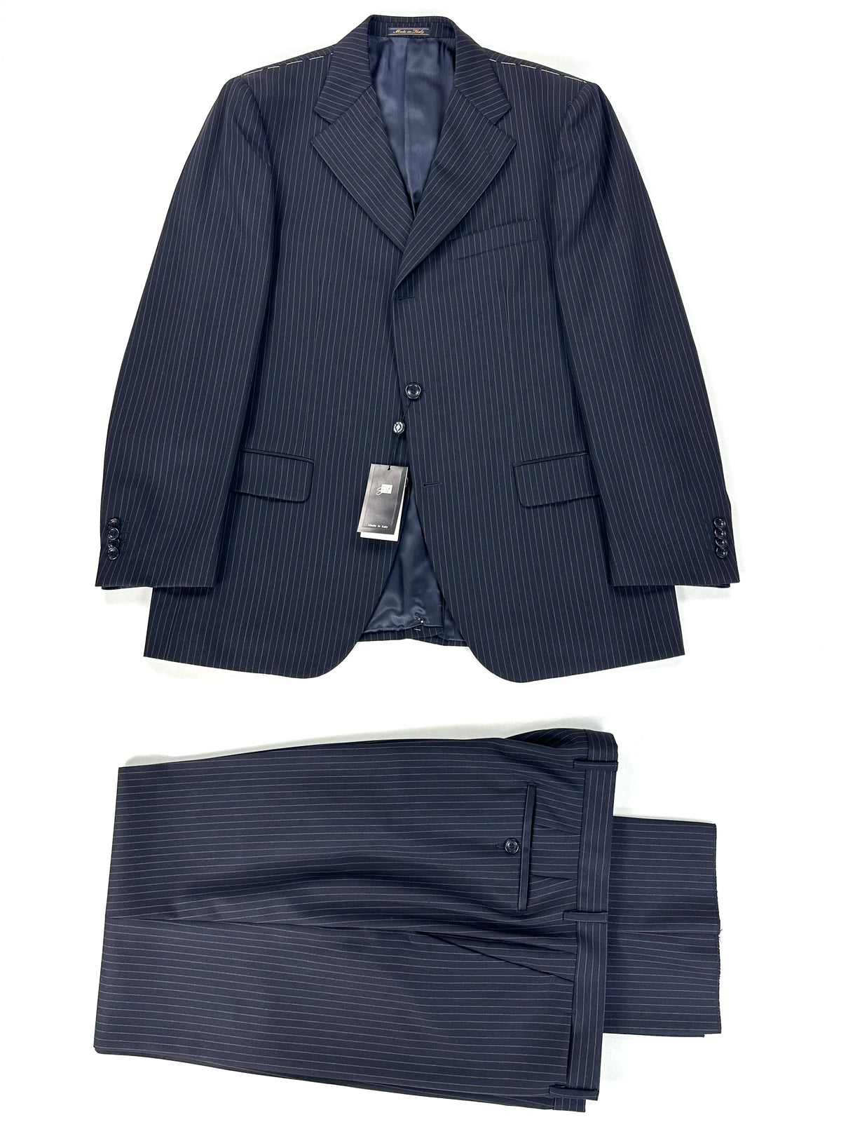 Completo Garrett's blu navy gessato: giacca e pantalone con cartellino, taglia IT 54