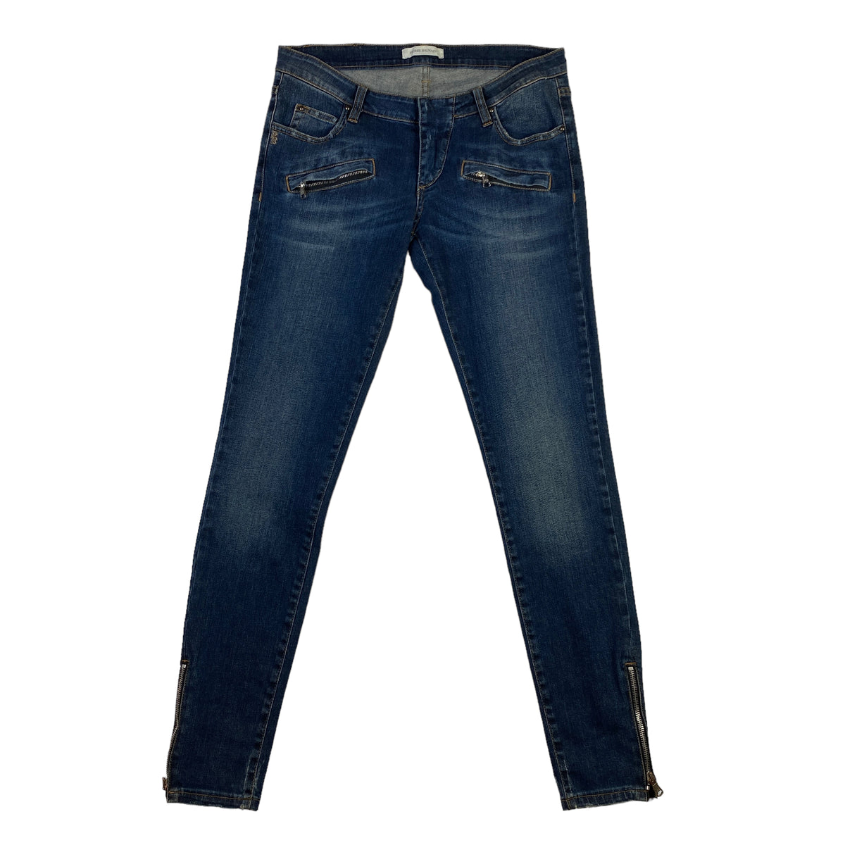 Jeans Pierre Balmain slim blu con cerniere da donna, taglia 30US