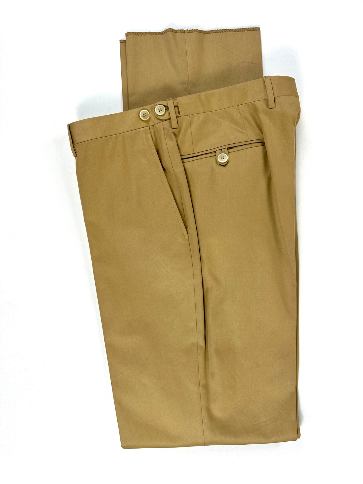 Parte alta del pantalone in cotone sabbia con passanti, chiusura frontale e tasca laterale