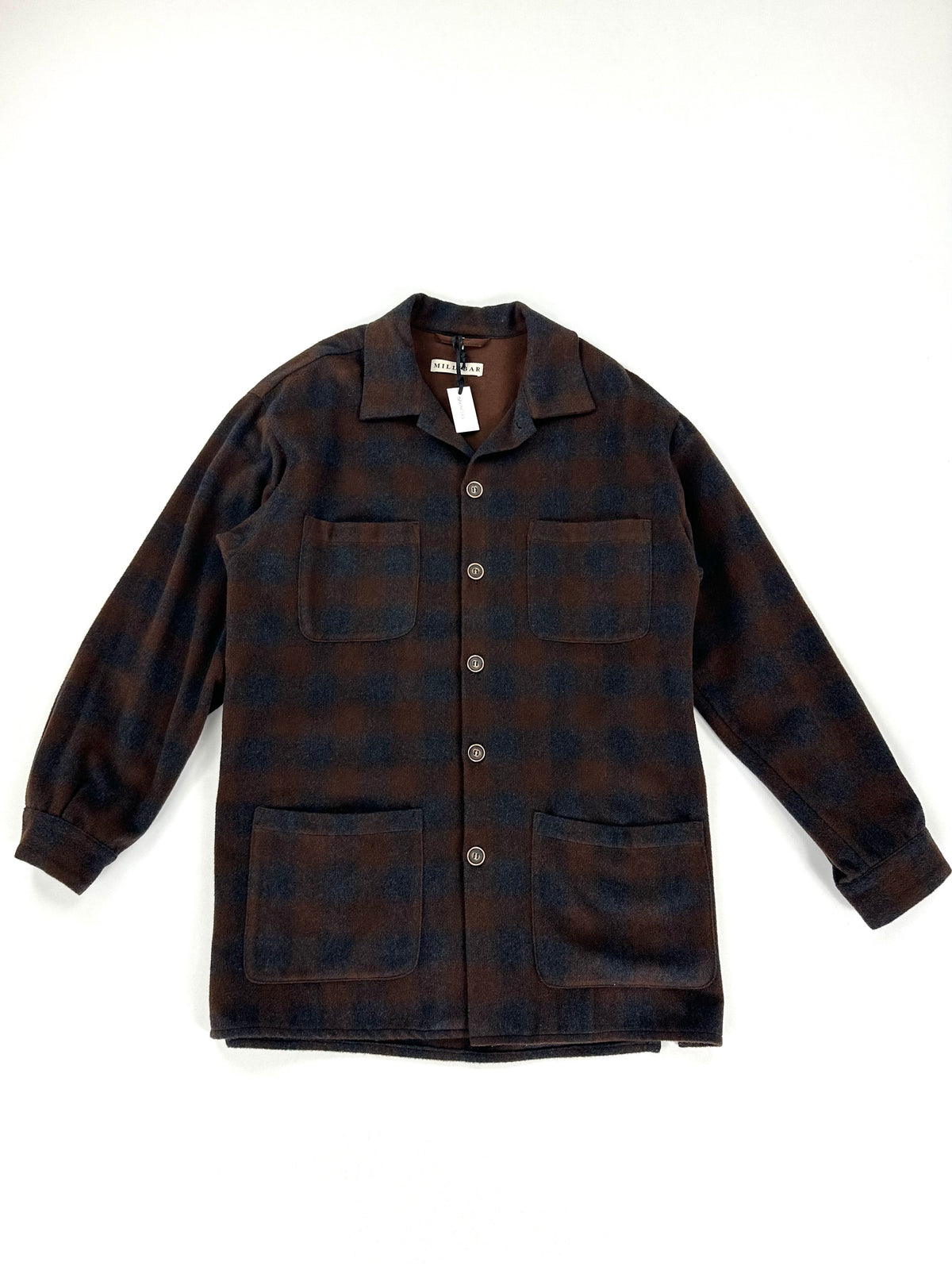 Camicia giacca Millibar in lana a quadri marrone e antracite, vista frontale intera, taglia IT 50