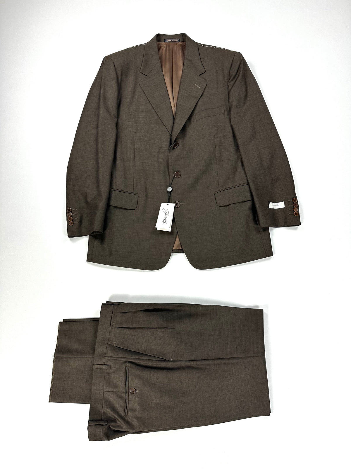 Completo Garrett's verde marrone: giacca e pantalone coordinati con cartellino, taglia IT 50