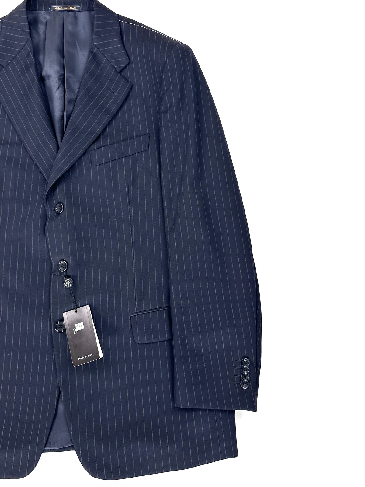 Giacca Garrett's blu gessato di tre quarti con cartellino