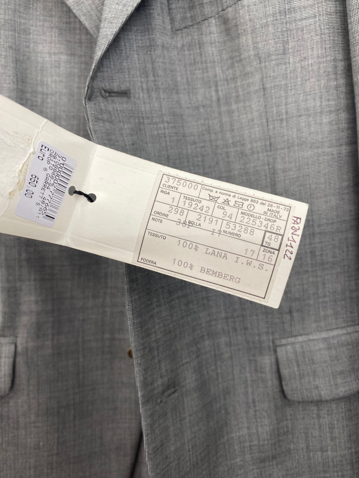 Cartellino originale Garrett's: 100% lana IWS, taglia 48 drop 6R, listino 650 euro