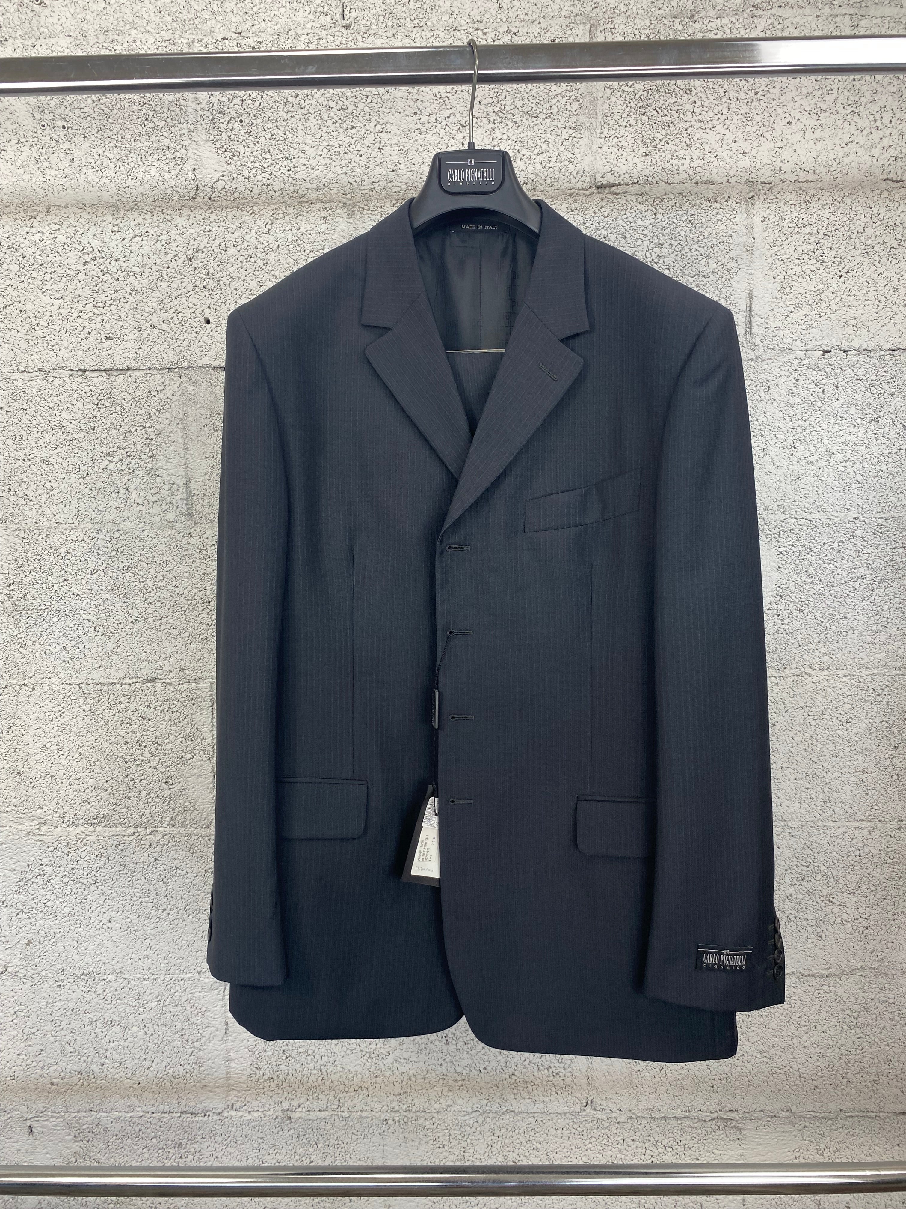 Completo Carlo Pignatelli gessato blu in lana vergine da uomo, taglia IT 56