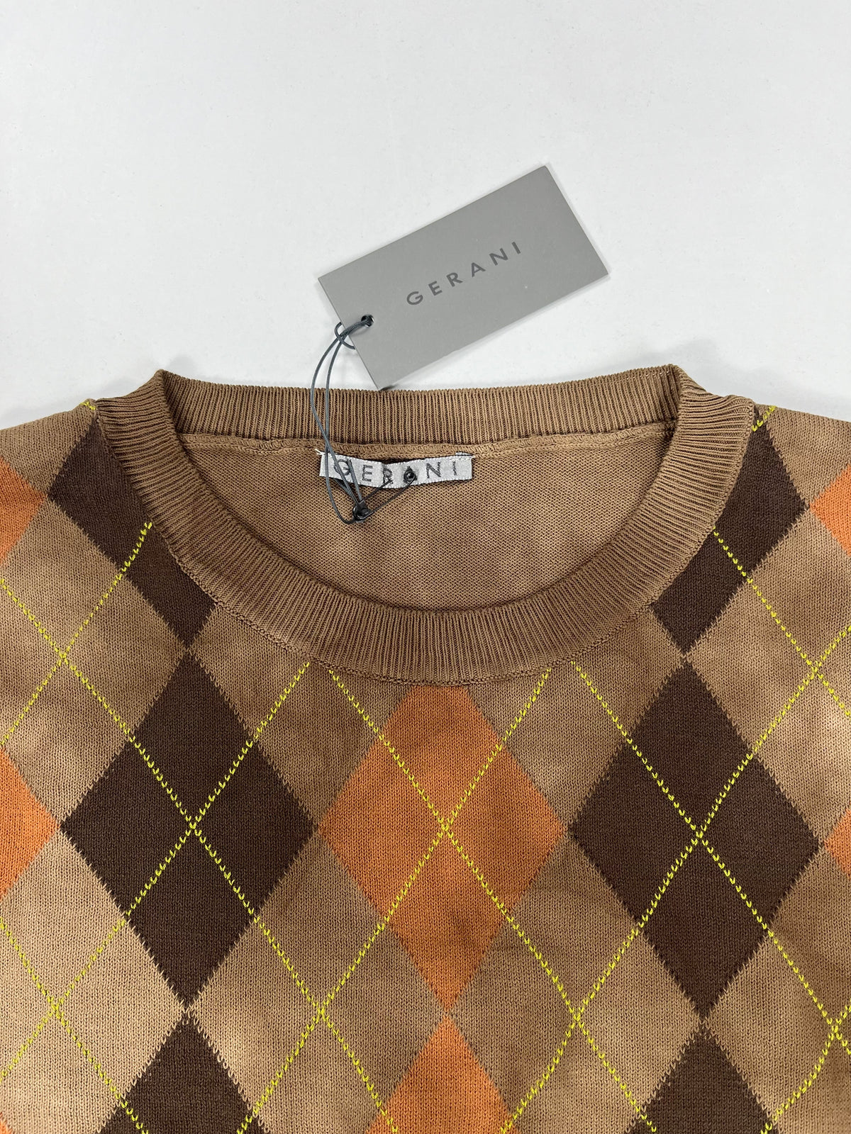 Gerani Maglioncino Girocollo Marrone a Rombi Argyle Tinto in Capo 100% Cotone – foto 4 di 7