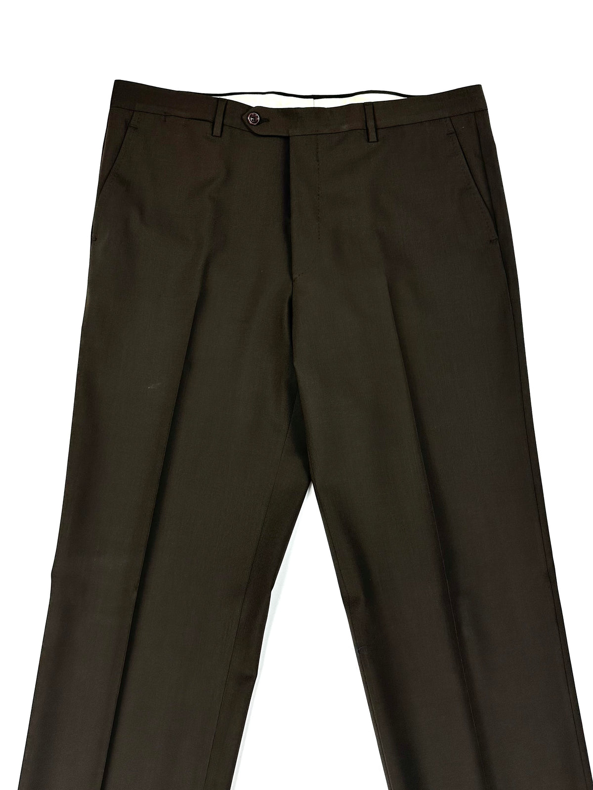 Parte alta del pantalone Garrett's: davanti liscio senza pince, con passanti per cintura