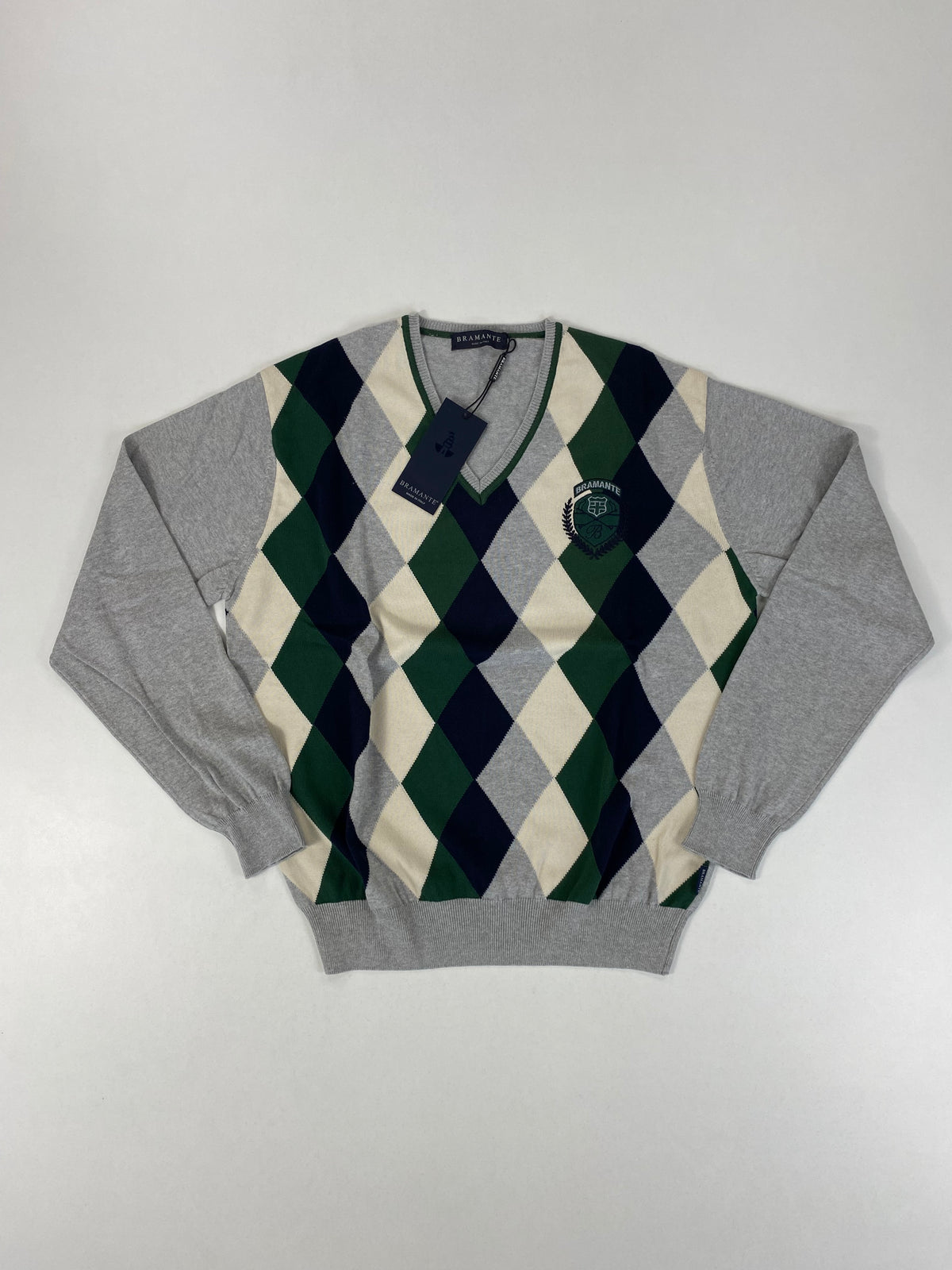 Bramante Maglione Collo a V a Rombi Argyle Verde Grigio Beige in Cotone – foto 1 di 8