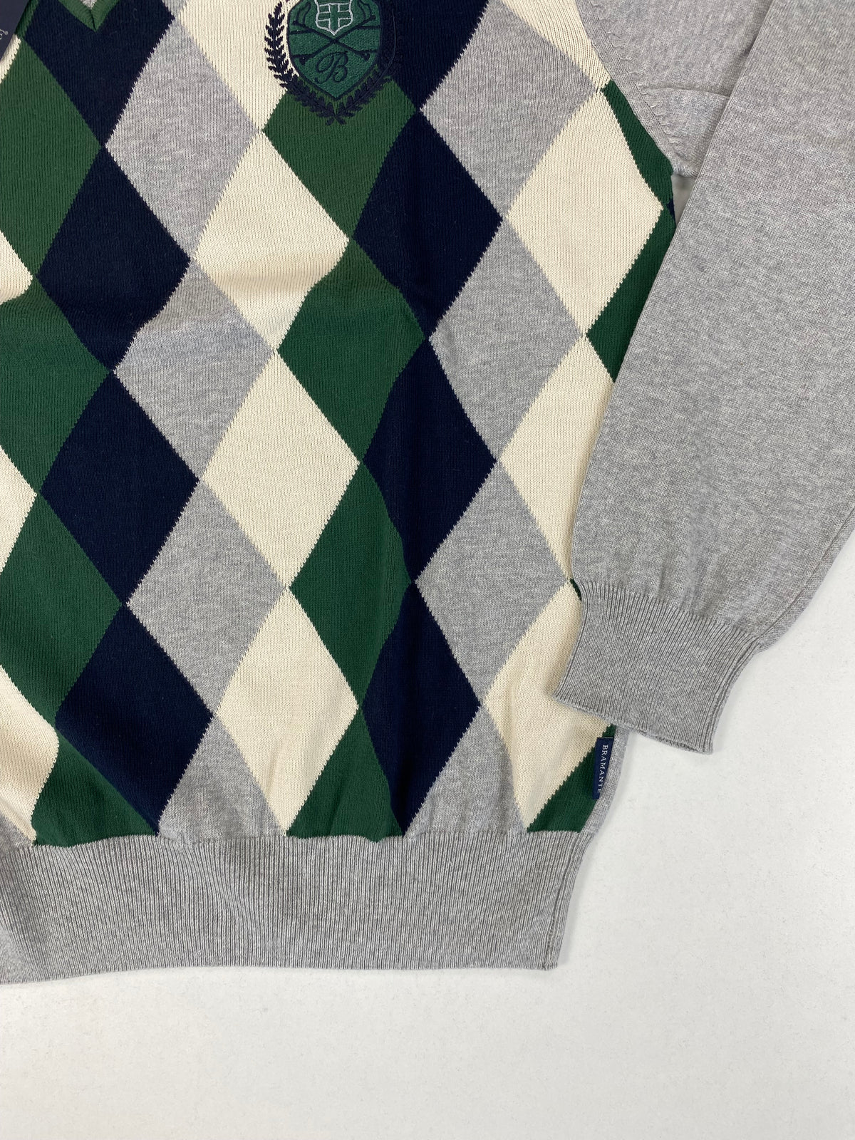 Bramante Maglione Collo a V a Rombi Argyle Verde Grigio Beige in Cotone – foto 3 di 8