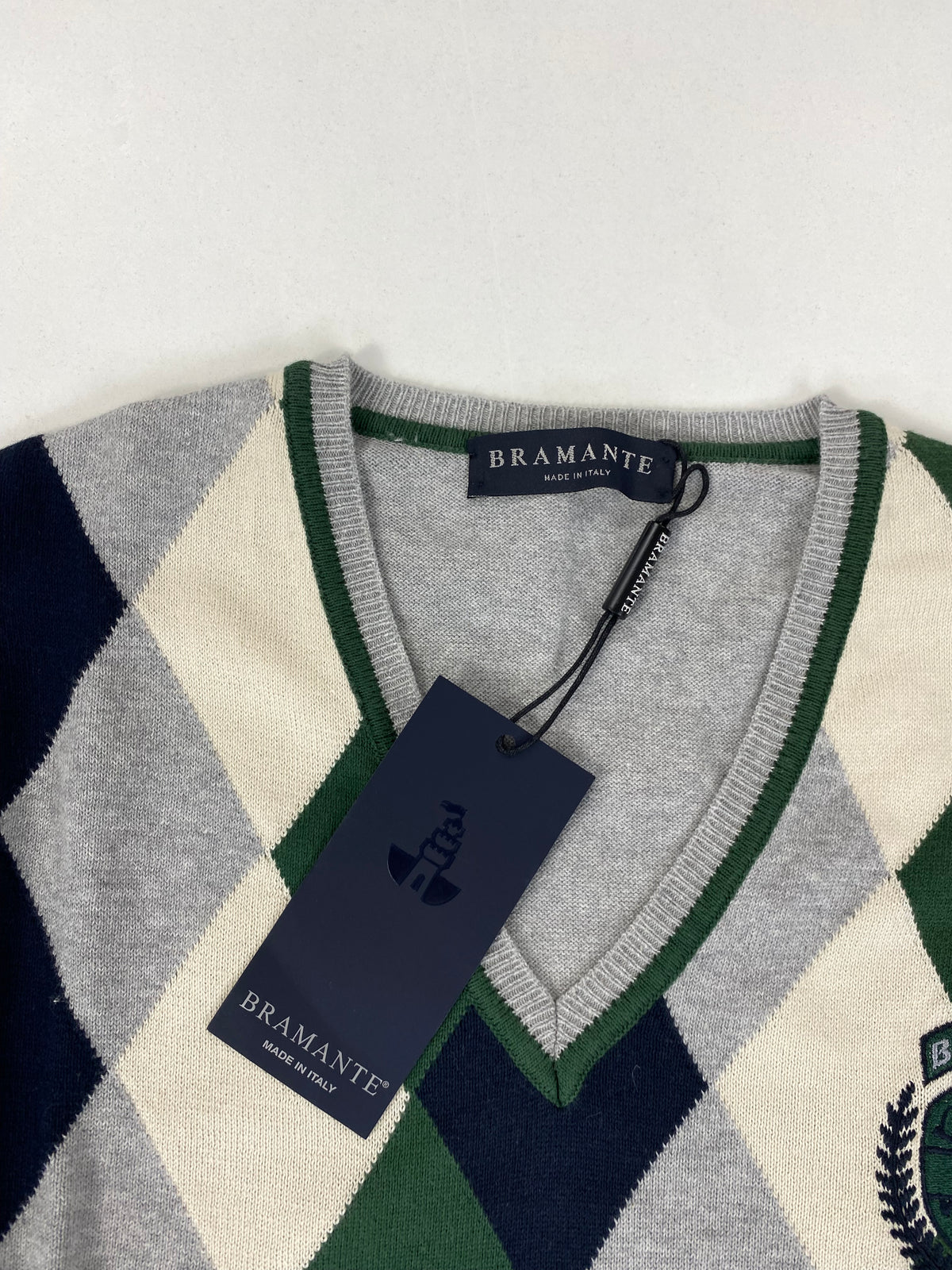 Bramante Maglione Collo a V a Rombi Argyle Verde Grigio Beige in Cotone – foto 5 di 8