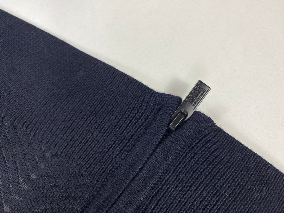 Armani Collezioni Maglione Full Zip Blu Navy a Spina di Pesce Grigia in Lana Vergine – foto 7 di 9