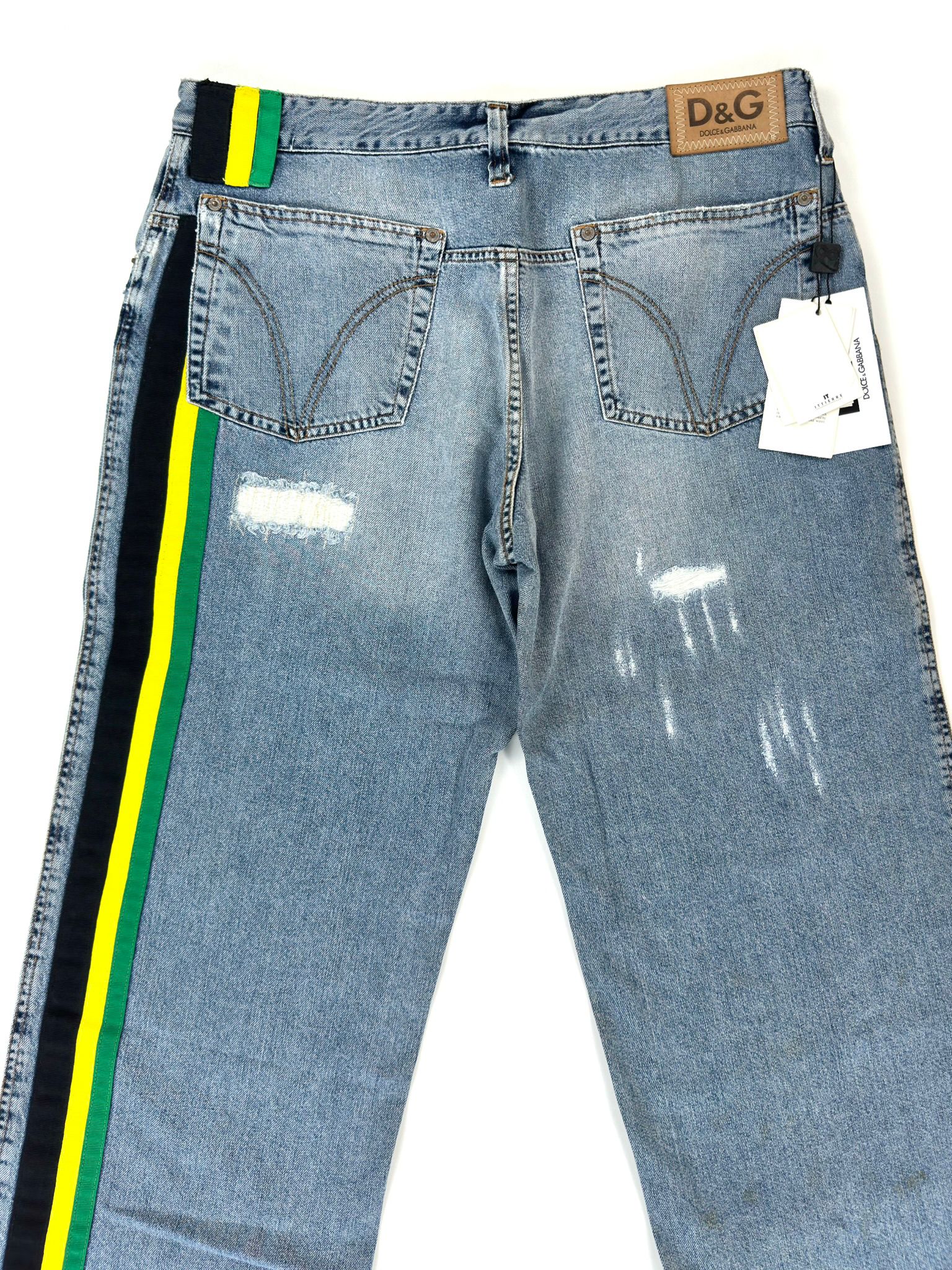 D&G Dolce & Gabbana Jeans Uomo 36 Blu Destroyed con Banda Laterale