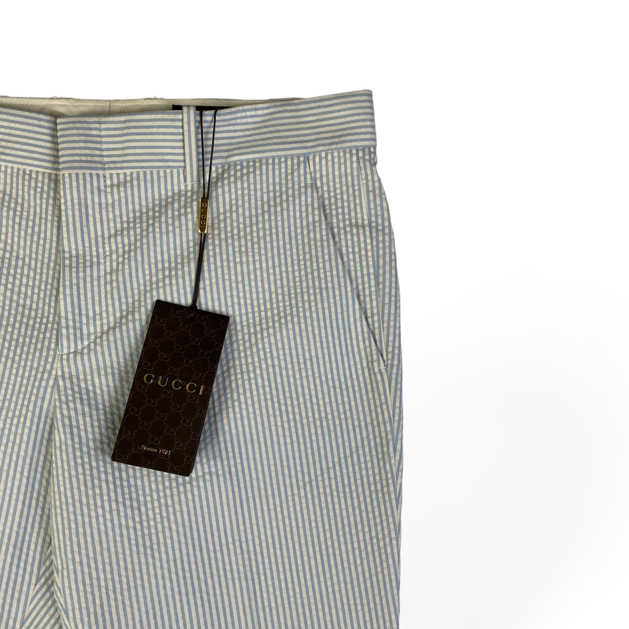 Gucci pantalone righe azzurre — archivio moda luxury — IlBotteghino