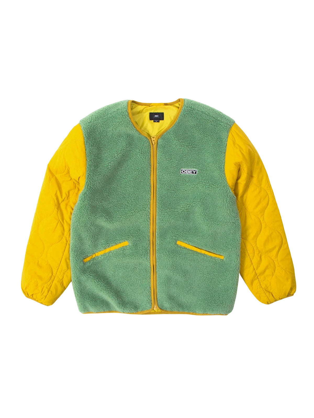 Fleece Obey Oyster Jacket verde con maniche ocra, taglia M — IlBotteghino