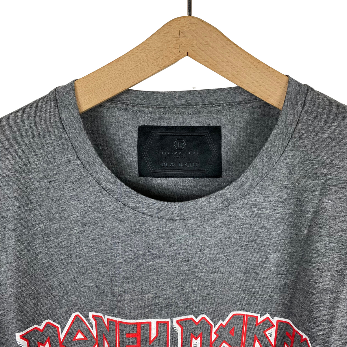 T-shirt Philipp Plein Money Maker grigia da uomo, dettaglio scritta sul petto