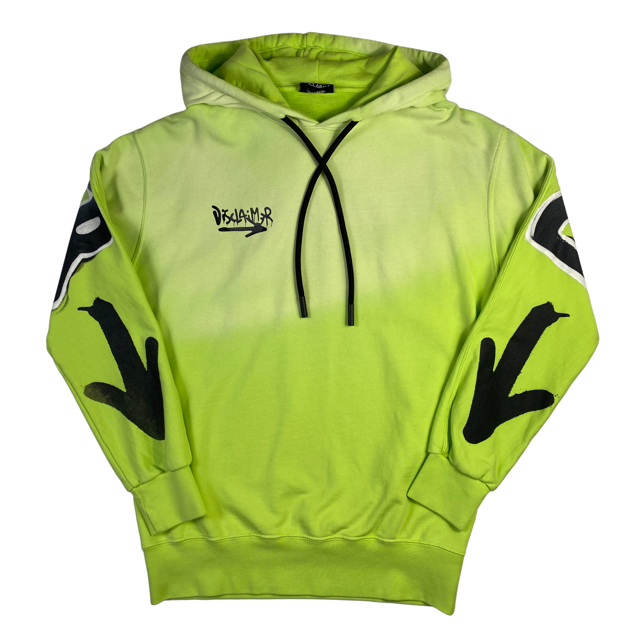 Felpa Disclaimer verde fluo con scritte sulla schiena, taglia S — IlBotteghino