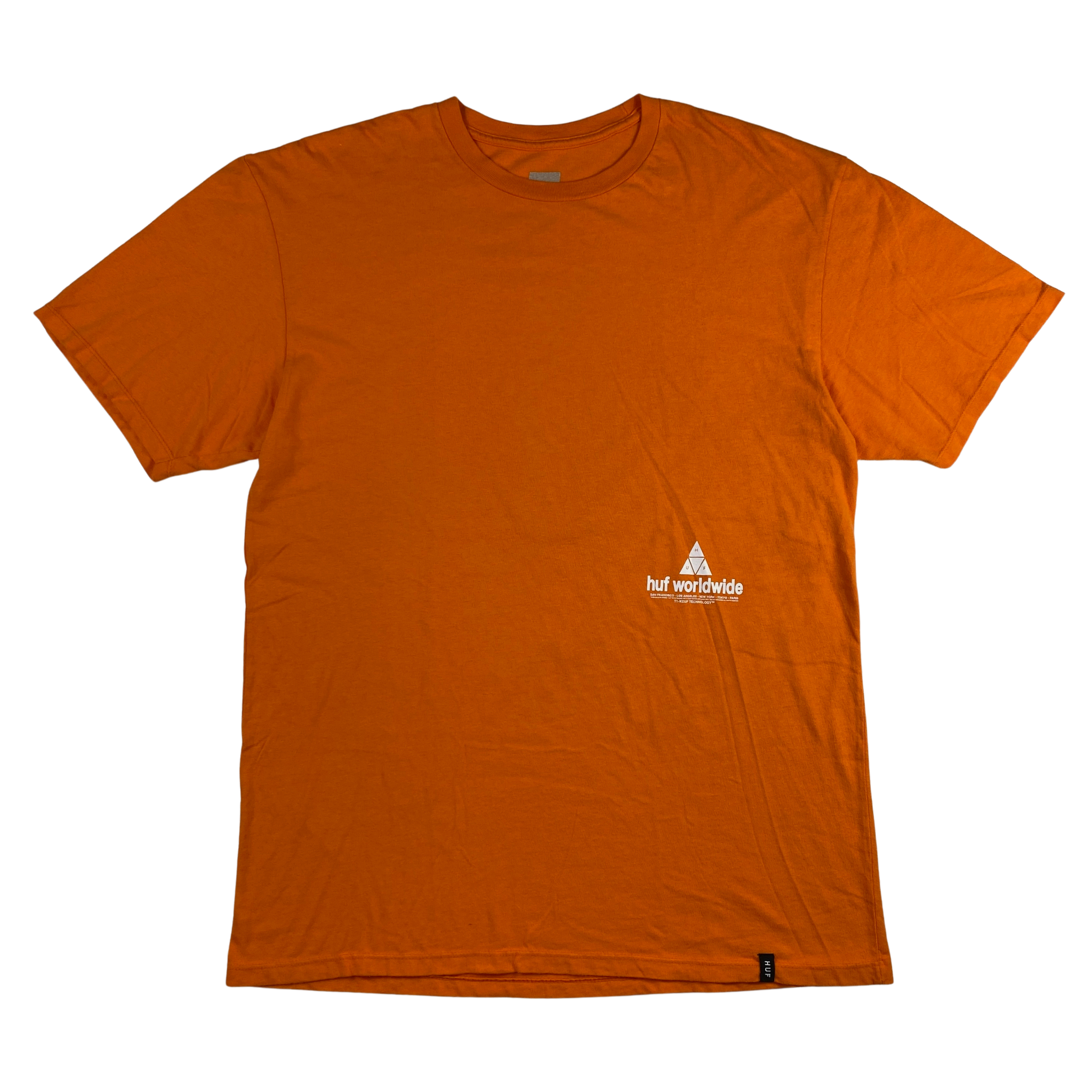 T-shirt HUF arancione Worldwide con logo bianco, taglia L — IlBotteghino
