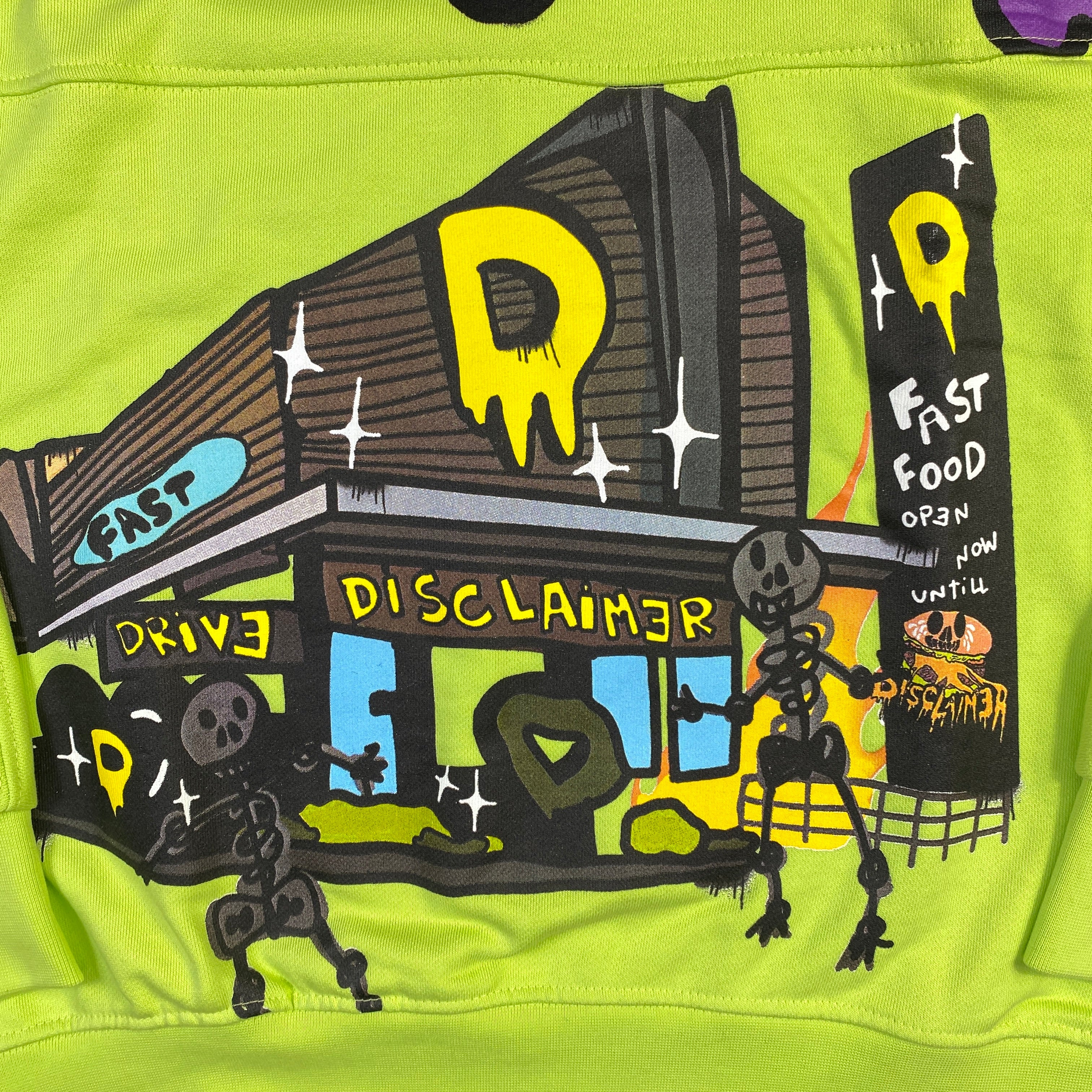 Disclaimer felpa verde fluo scritte viola — streetwear d'archivio — IlBotteghino