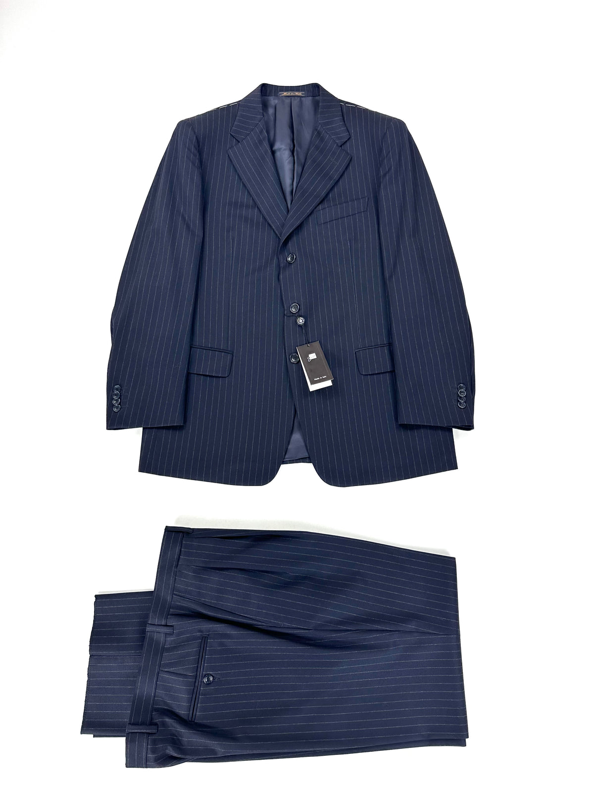 Completo Garrett's blu navy gessato: giacca e pantalone con cartellino, taglia IT 52