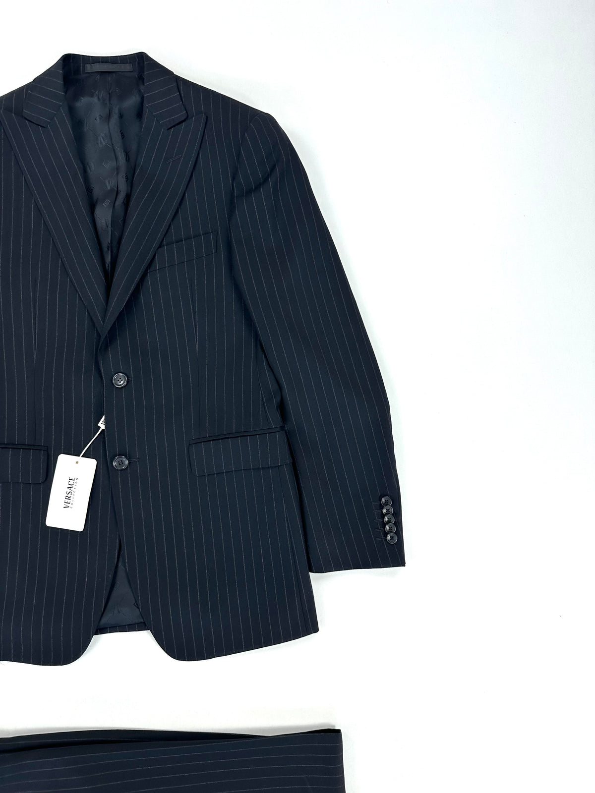 Giacca Versace Collection nera gessata monopetto 2 bottoni con revers a lancia