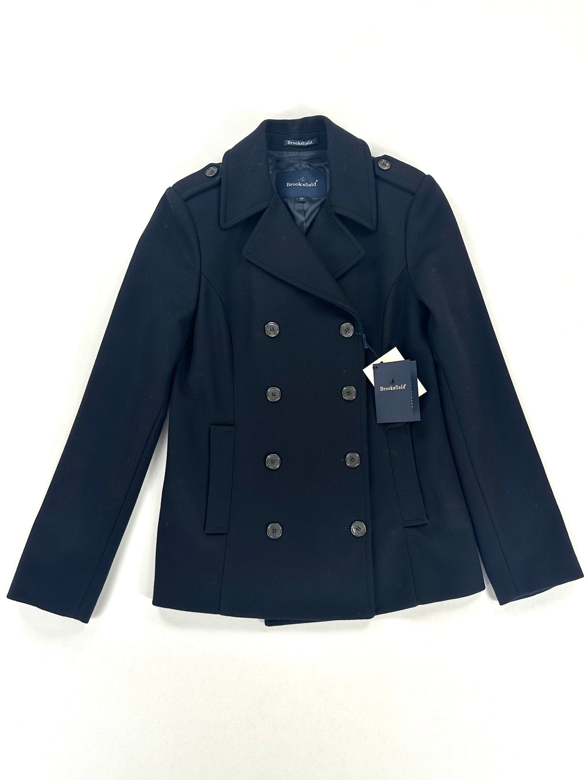 Caban Brooksfield doppiopetto blu navy in lana, vista frontale intera con cartellini originali, taglia IT 44