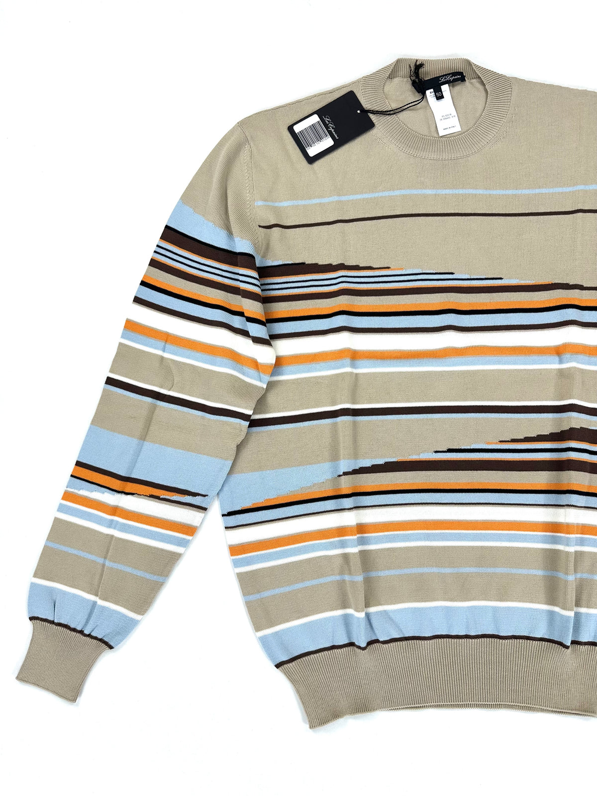 Maglia Les Copains vista di tre quarti, con manica distesa e fasce di righe sul corpo