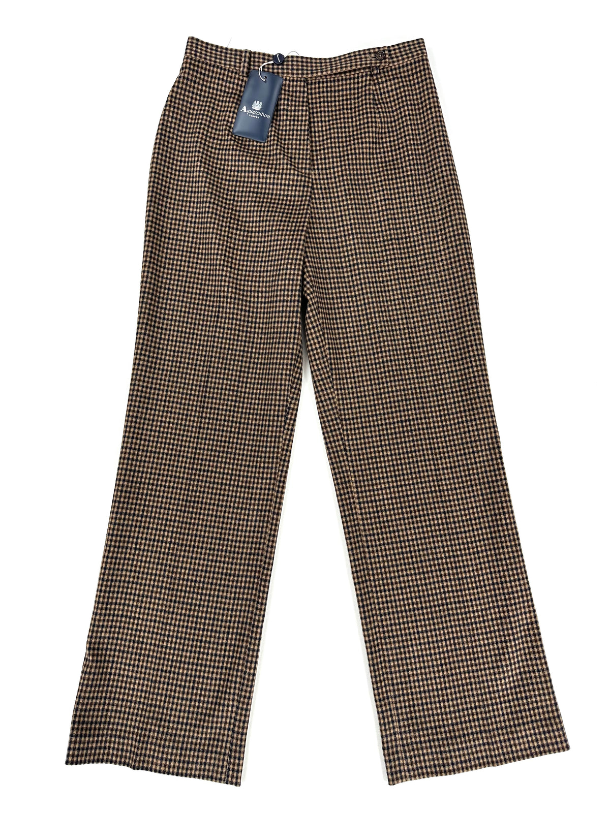 Pantalone Aquascutum Lesley a micro-quadro camel e cioccolato, vista frontale intera con cartellino