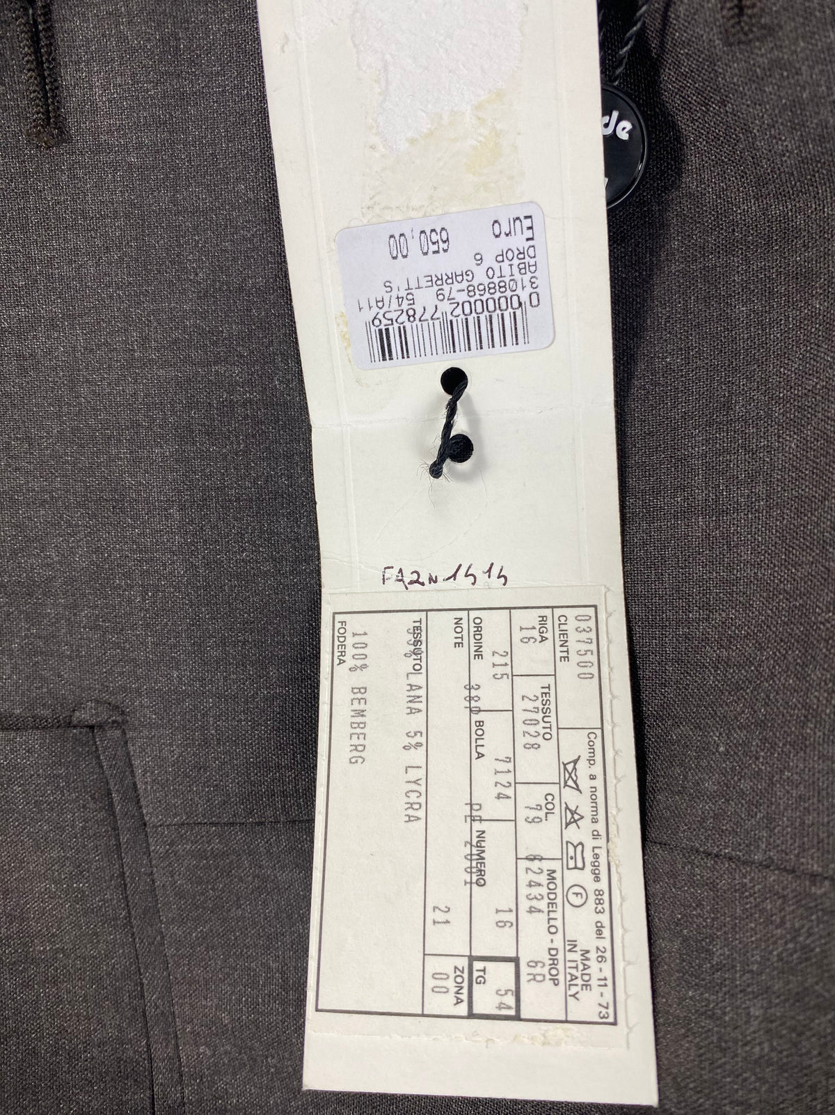 Cartellino originale Garrett's: abito drop 6, taglia 54, listino € 650,00