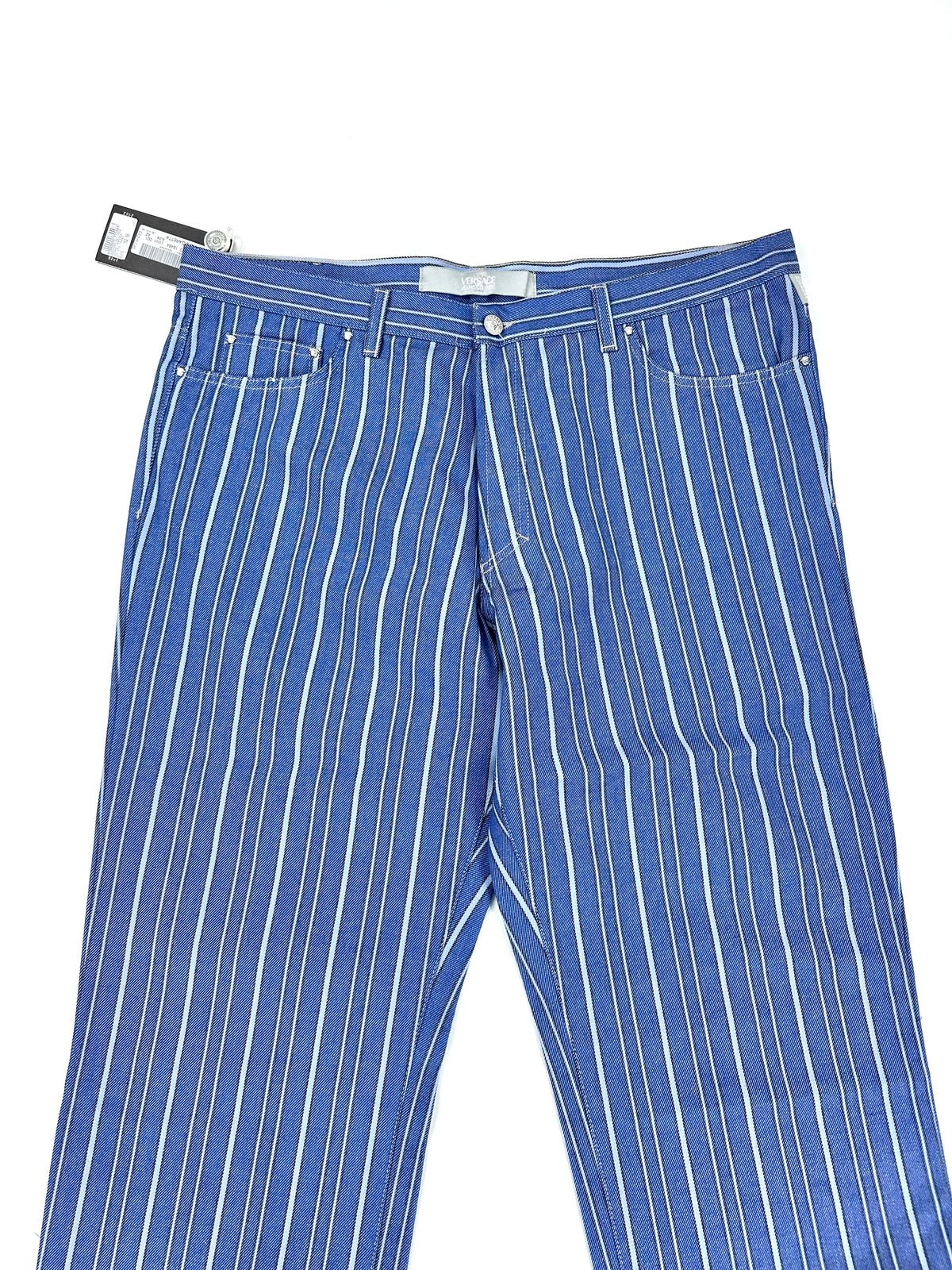 Parte alta del jeans a righe con cintura, passanti e chiusura frontale a bottoni