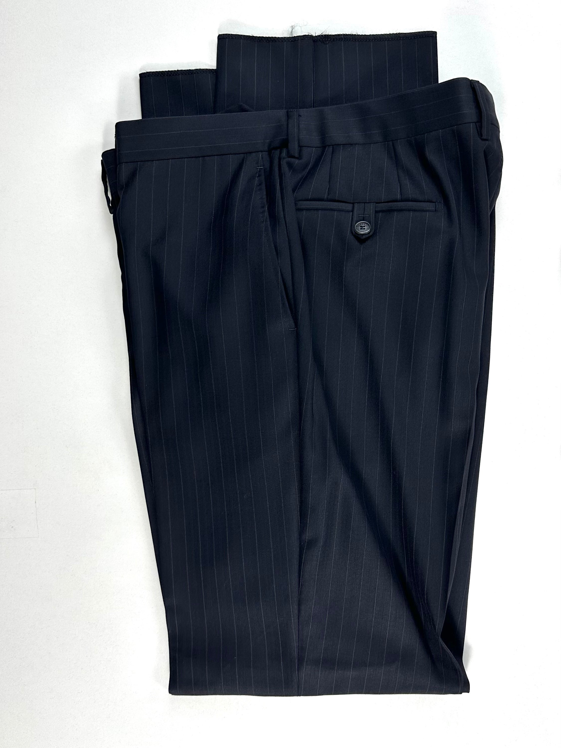 Pantalone Versace Collection blu gessato piegato - dettaglio vita e tasca