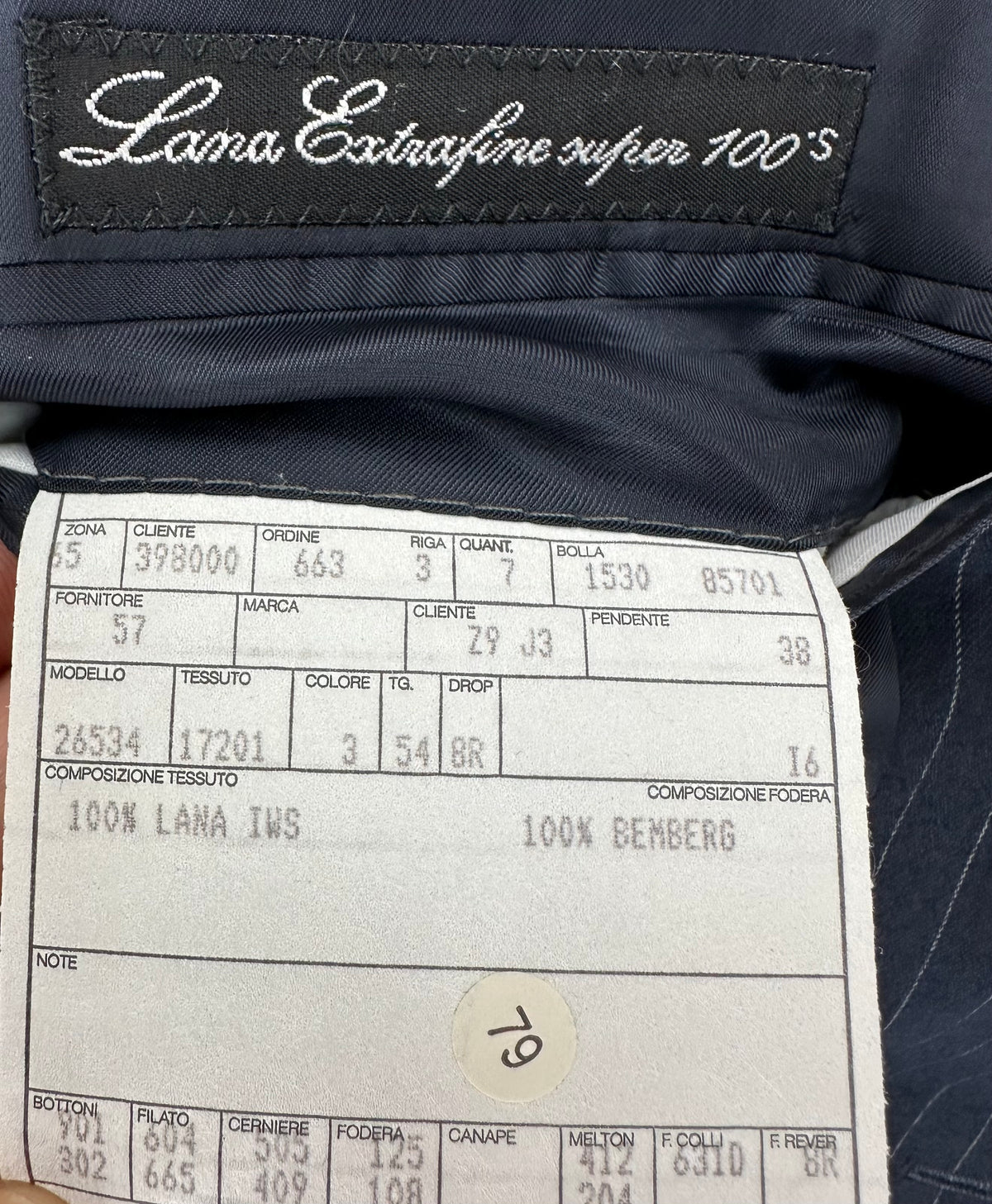 Etichetta Lana Extrafine Super 100's e scheda di commessa Garrett's: taglia 54 drop 8R