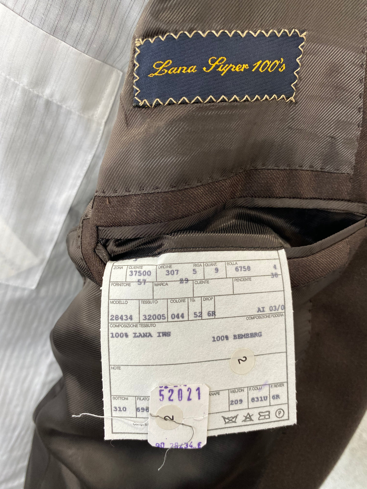 Scheda di commessa Garrett's: 100% lana IWS, fodera Bemberg, taglia 52 drop 6R