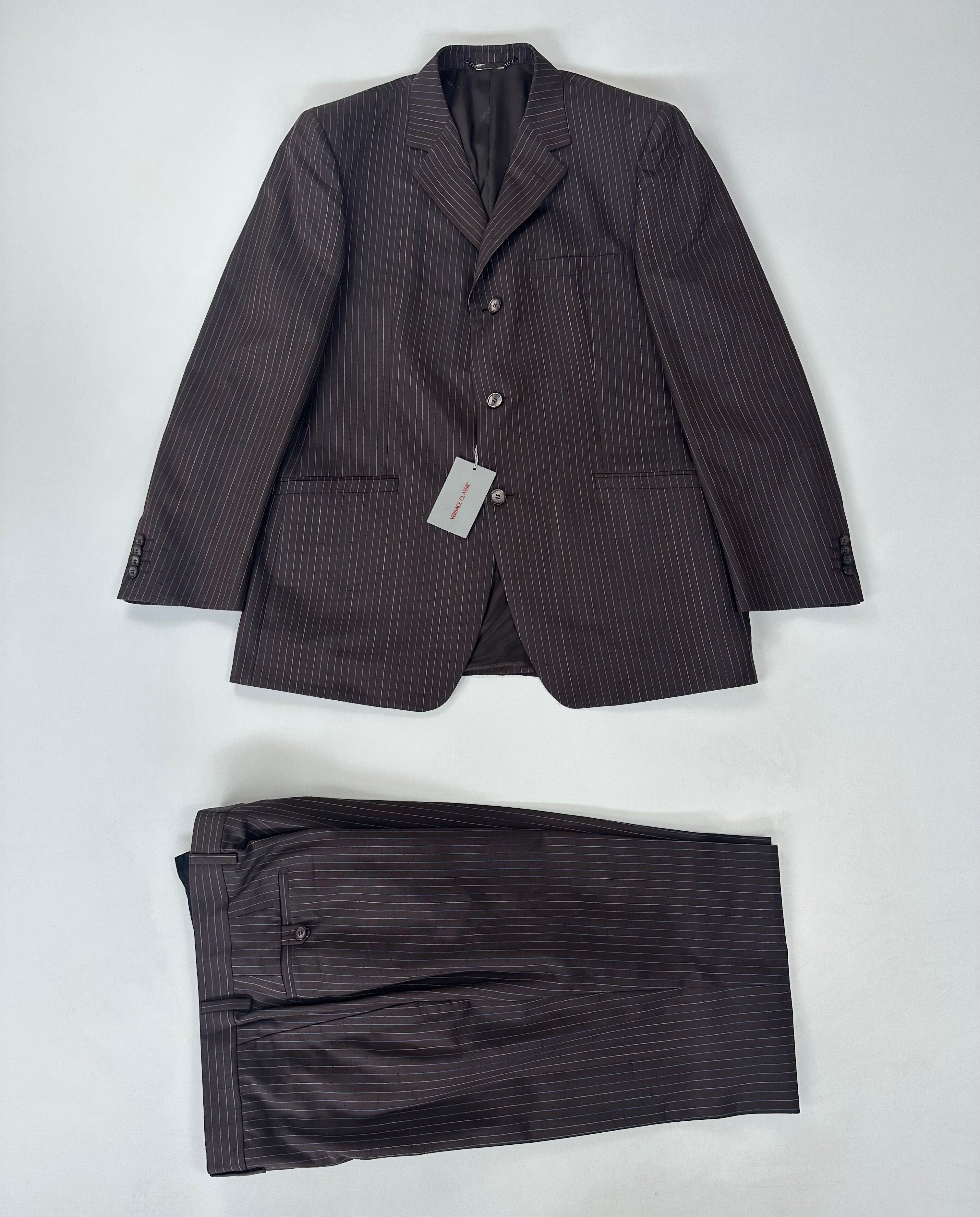 Abito Versace Classic marrone gessato in seta e mohair da uomo, taglia IT 54