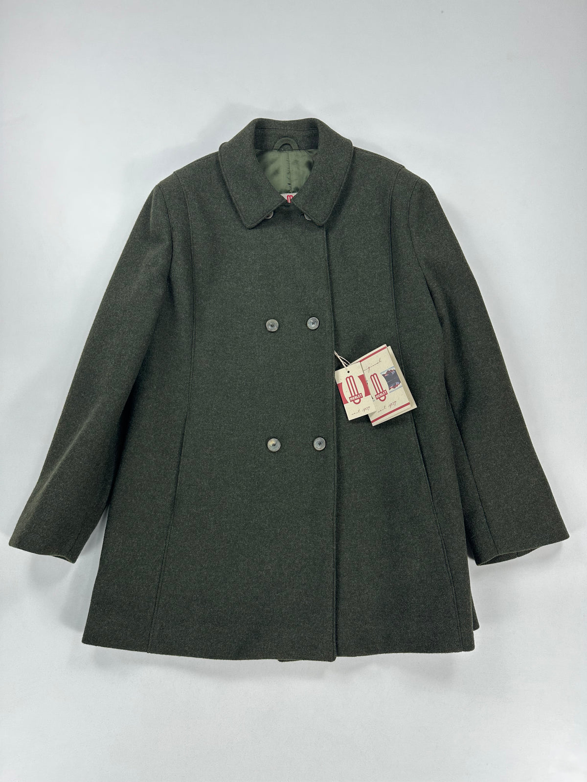 Cappotto Merlet in loden verde a doppiopetto, vista frontale intera con cartellini originali, taglia IT 54