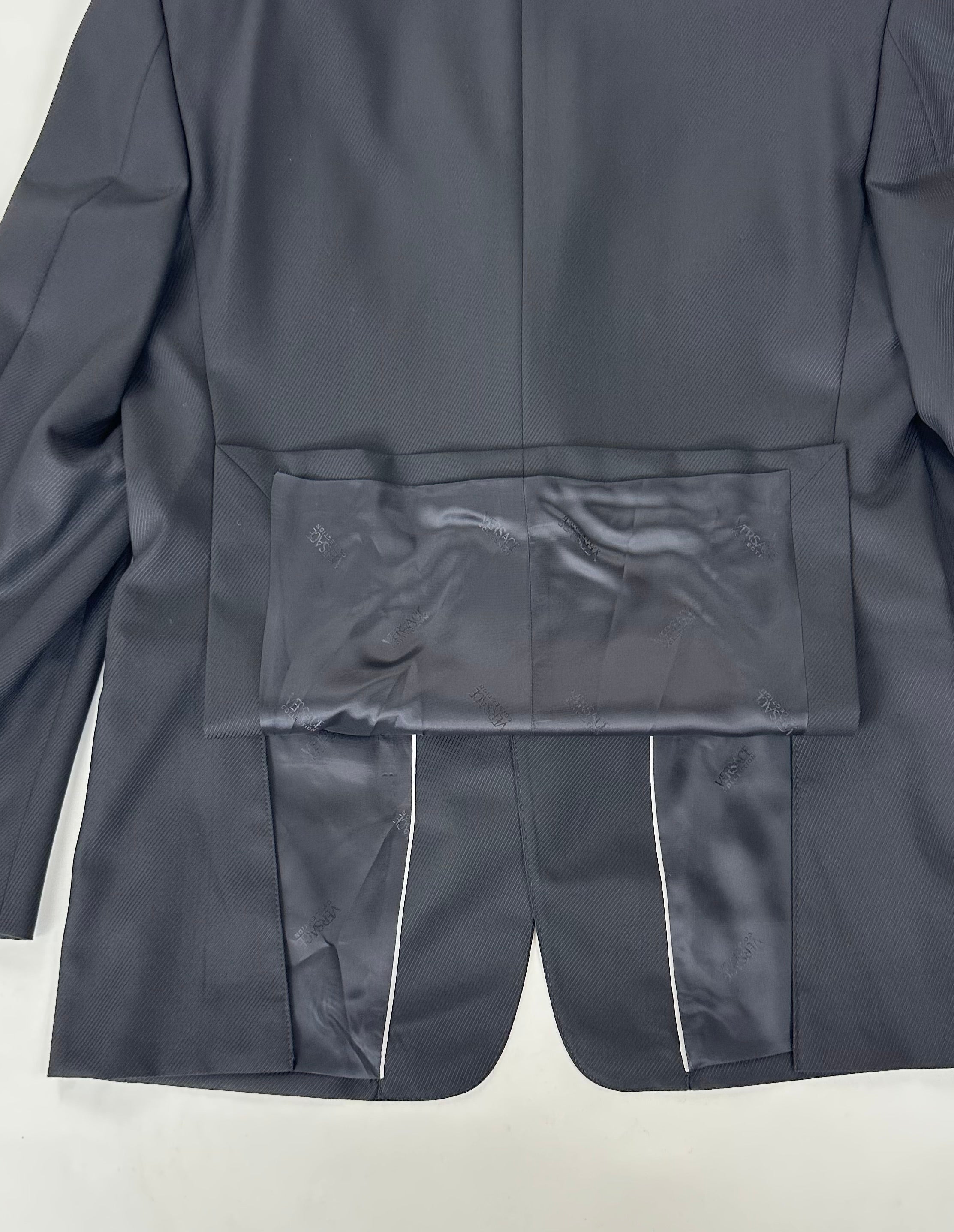 Giacca Versace Collection nera gessata obliqua, fodera interna