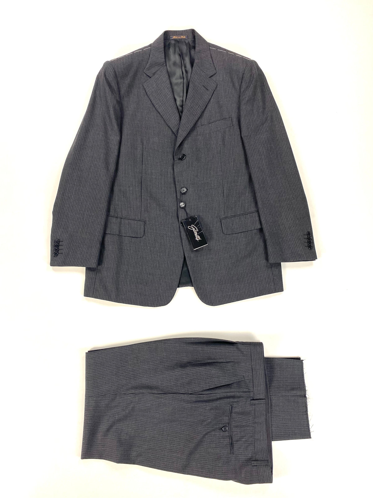 Completo Garrett's grigio a gessato stretto: giacca e pantalone coordinati con cartellino, taglia IT 52