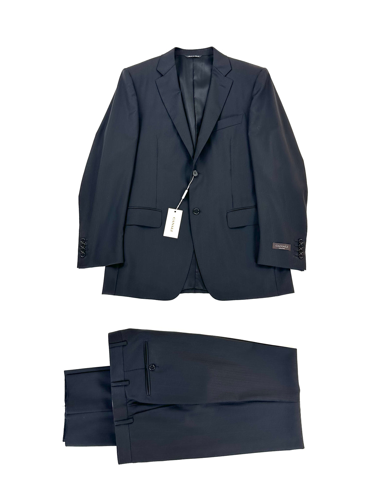 Completo Canali gessato scuro piegato, giacca e pantalone coordinati con cartellino originale, taglia IT 50