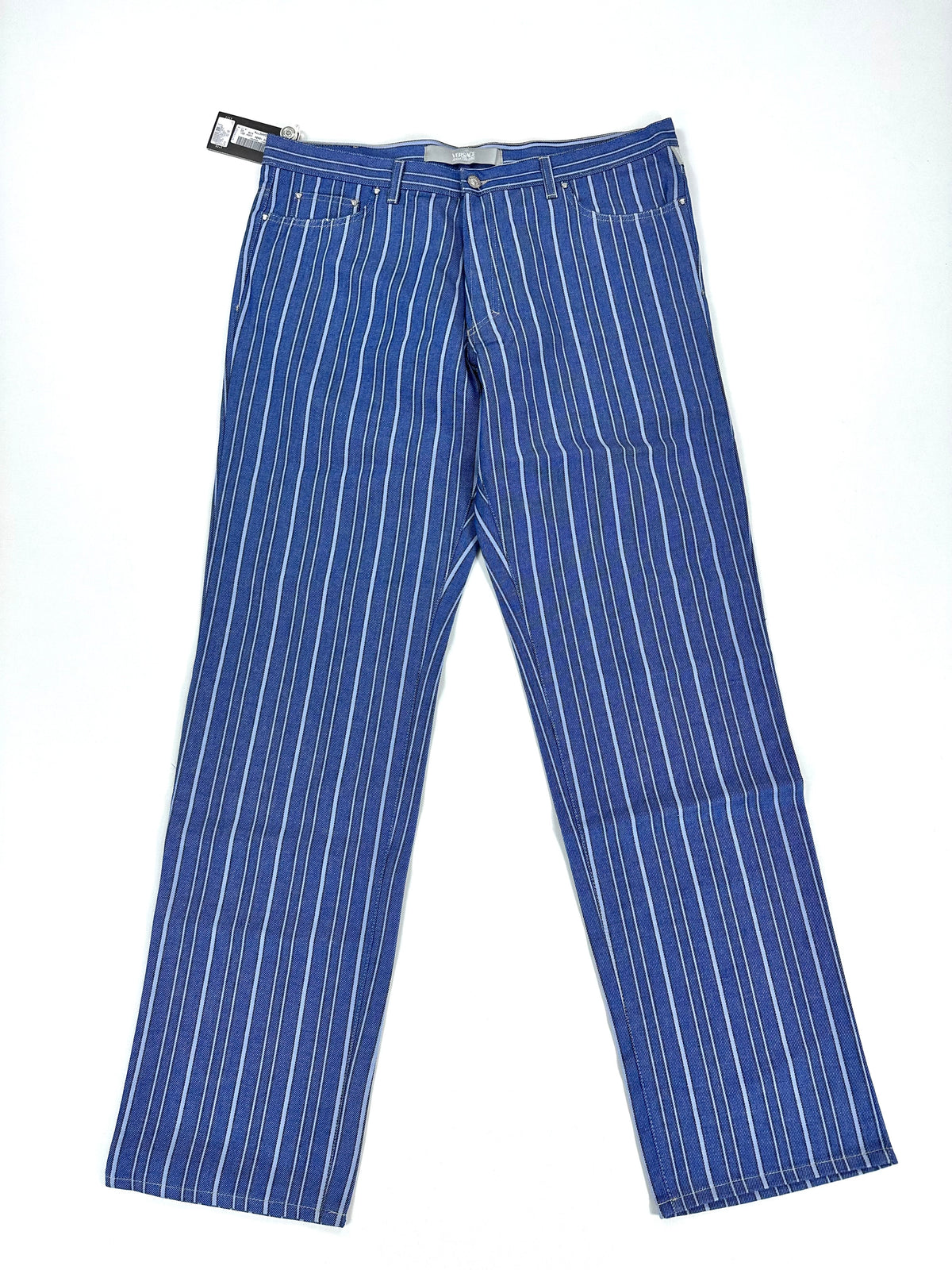 Jeans Versace Jeans Couture blu a righe azzurre visto di fronte, intero, con taglio straight