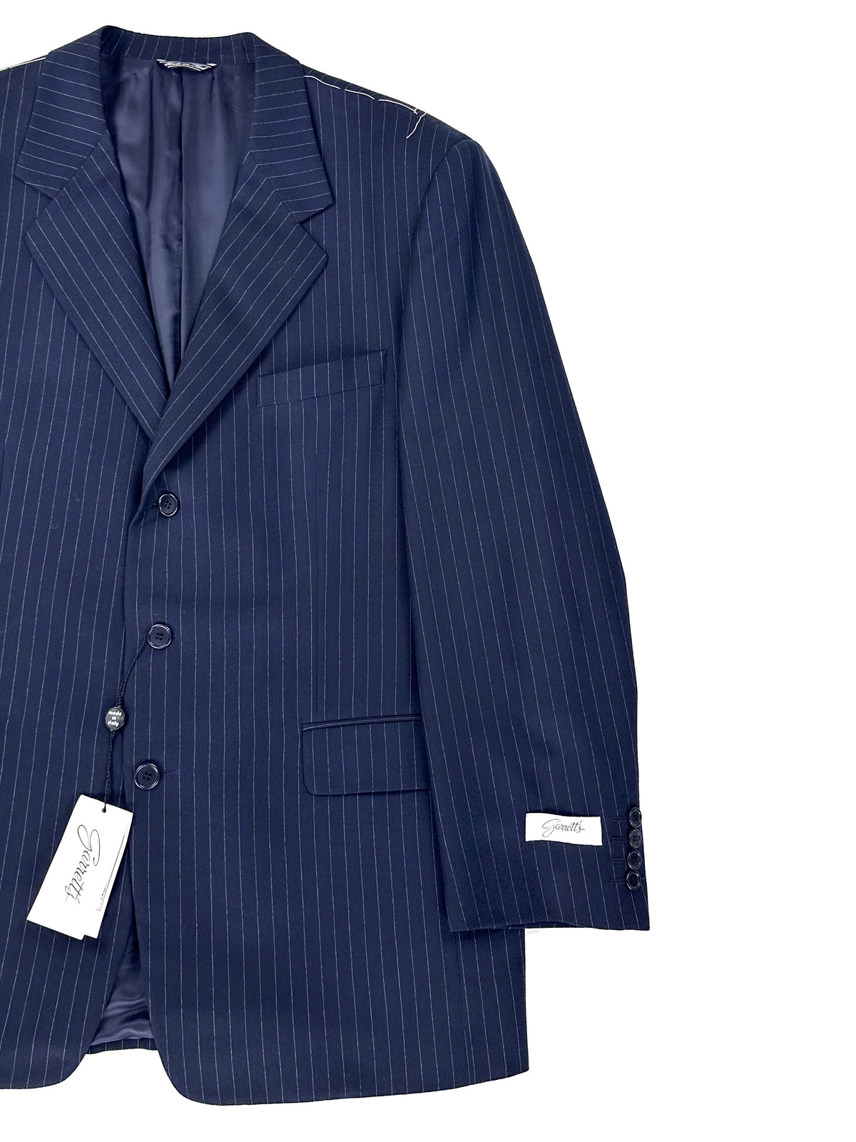 Giacca Garrett's blu gessato di tre quarti con cartellino