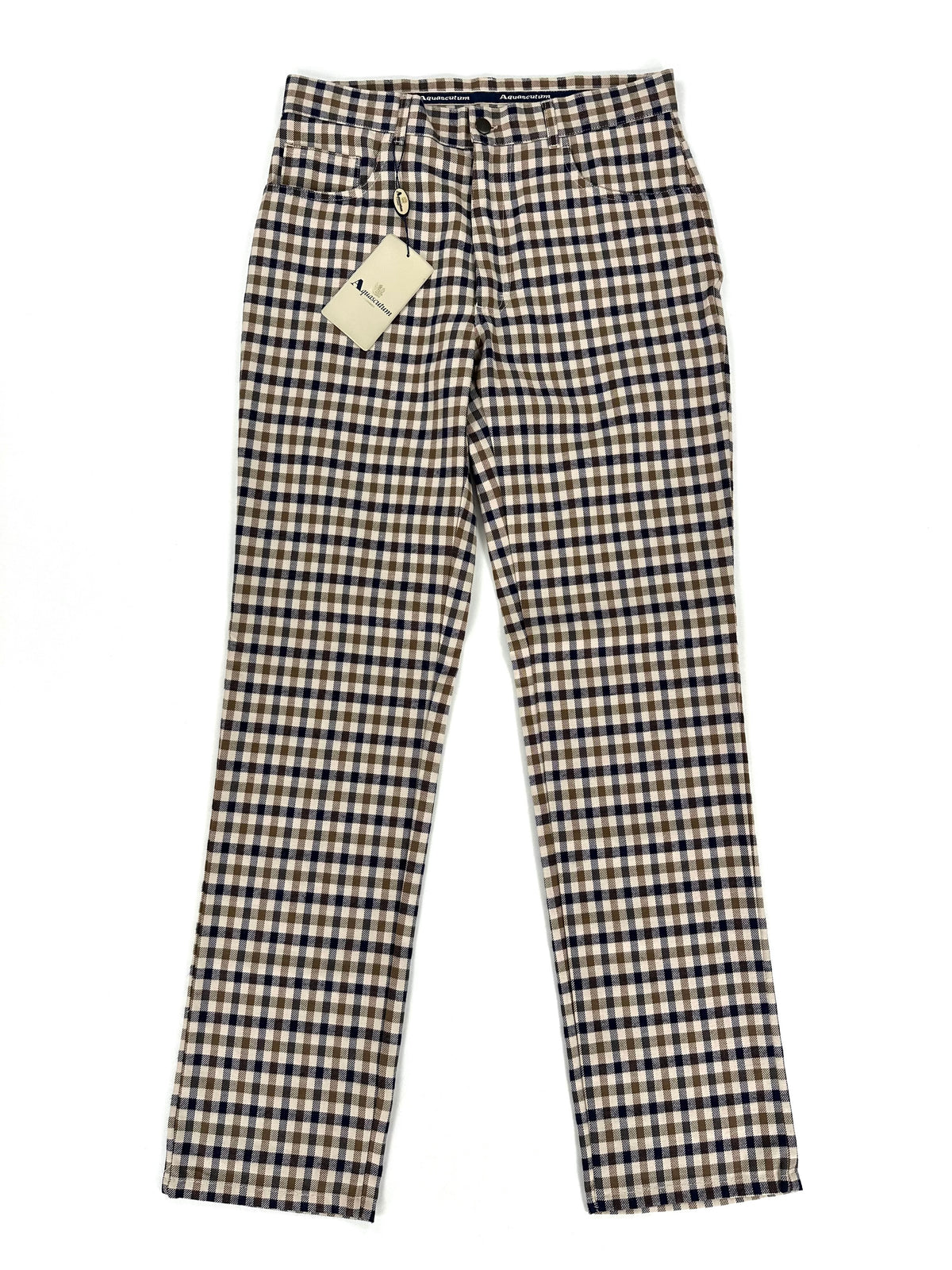 Pantalone Aquascutum Club Check navy e vicuna in cotone, vista frontale intera con cartellino originale