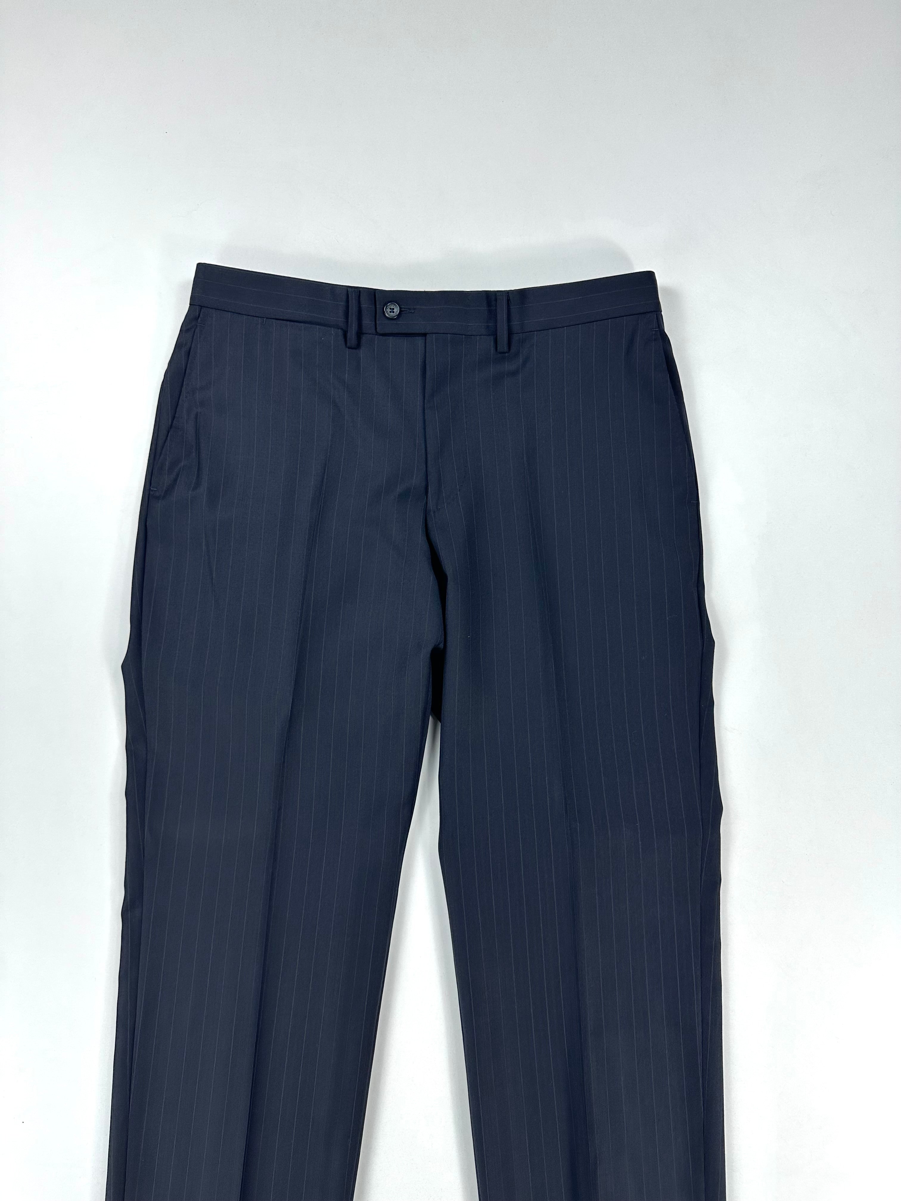 Pantalone Versace Collection blu gessato - dettaglio vita, passanti e chiusura