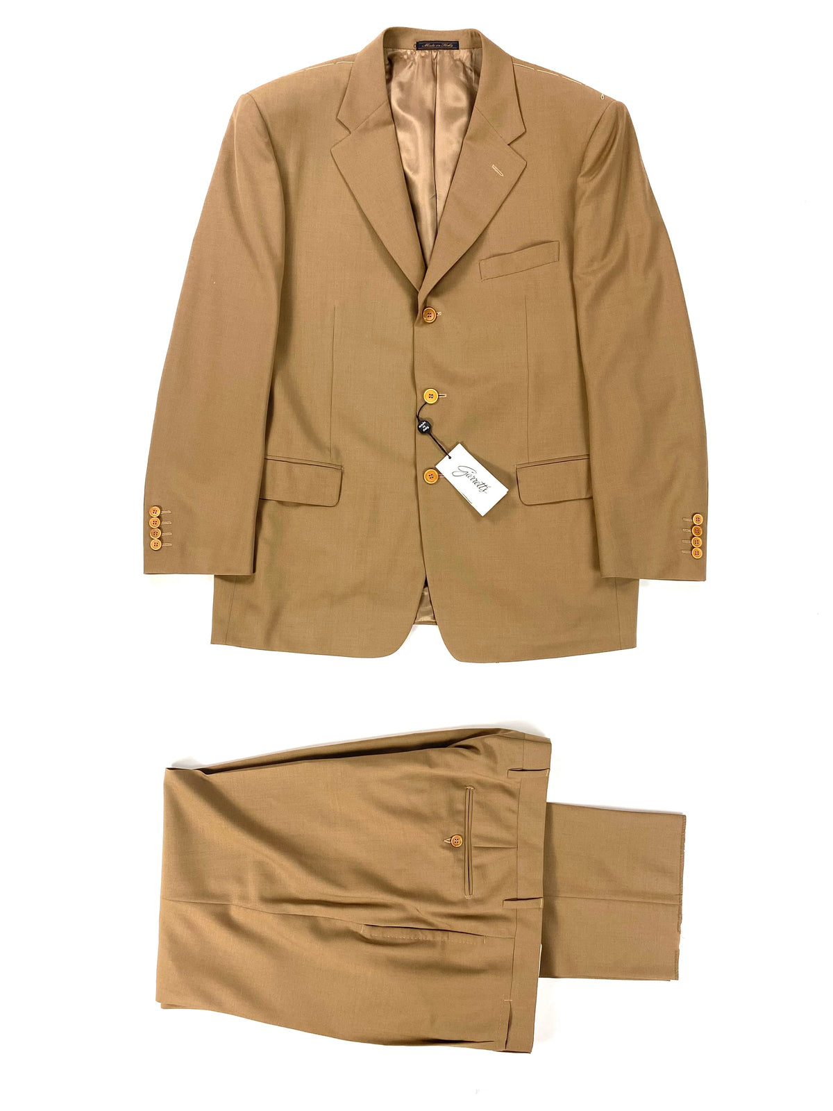 Completo Garrett's cammello: giacca e pantalone coordinati con cartellino, taglia IT 54