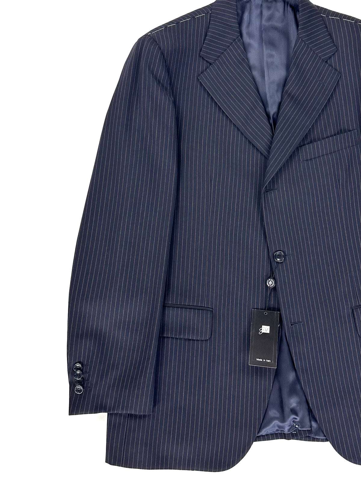 Giacca Garrett's blu navy gessato, vista laterale con cartellino