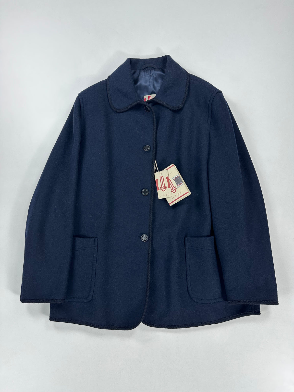 Giaccone Merlet in loden originale blu notte, vista frontale intera con cartellini, taglia IT 54