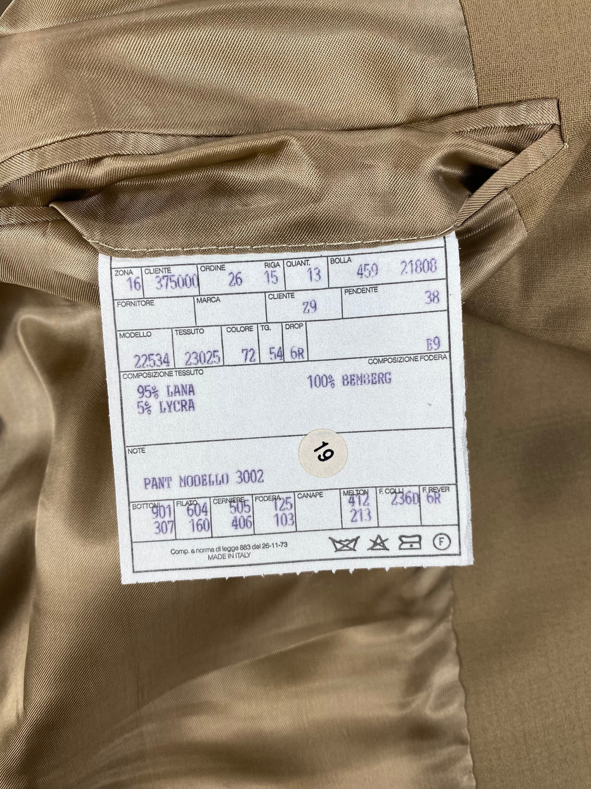 Scheda di commessa completa: 95% lana 5% lycra, pantalone modello 3002, Made in Italy