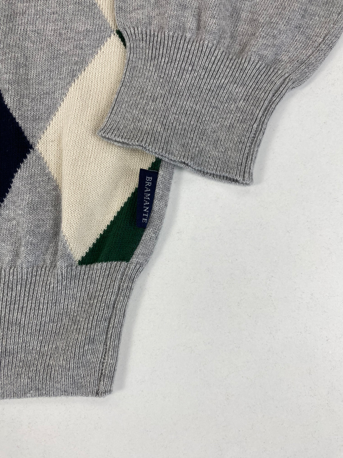 Bramante Maglione Collo a V a Rombi Argyle Verde Grigio Beige in Cotone – foto 6 di 8