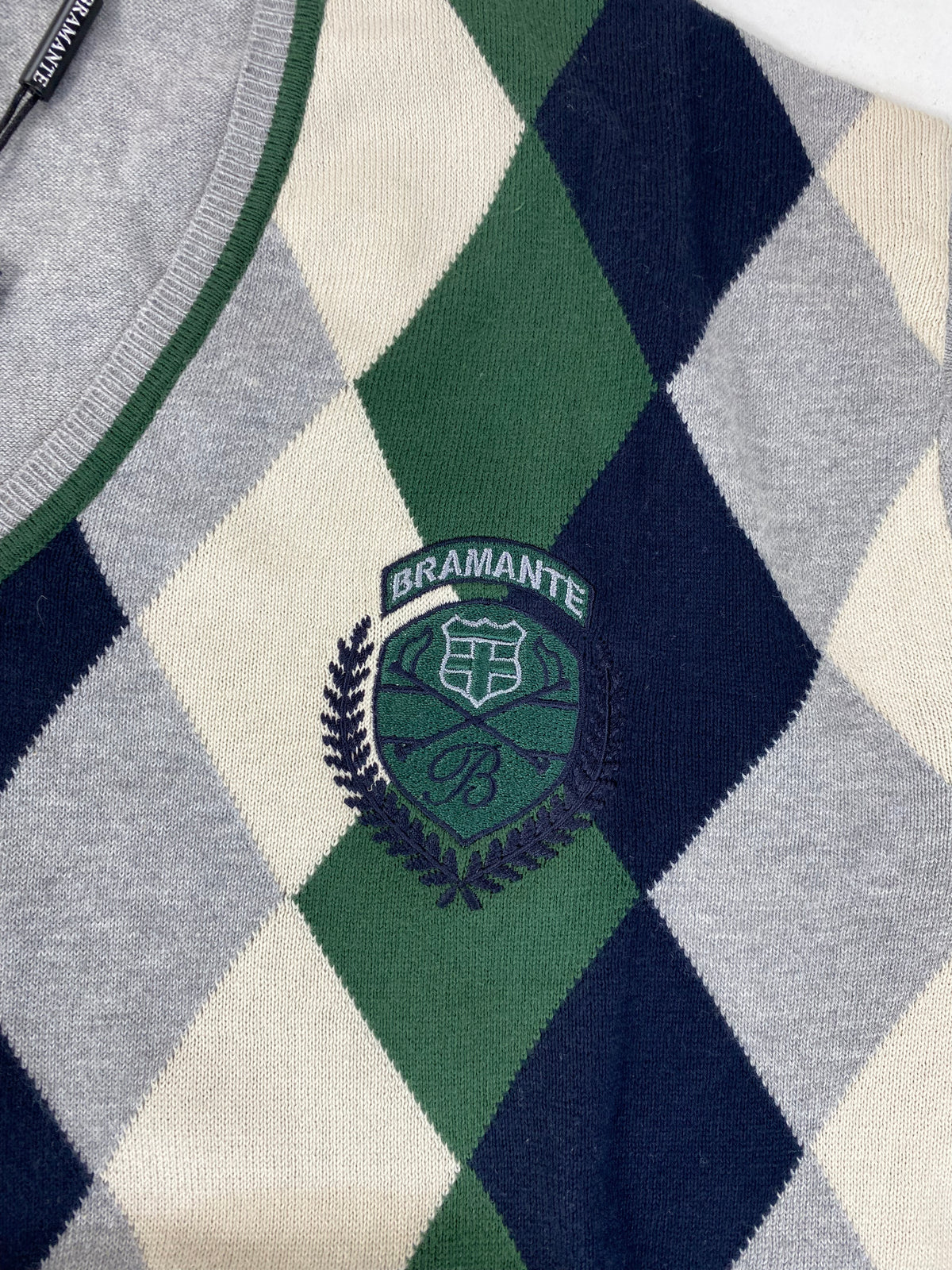Bramante Maglione Collo a V a Rombi Argyle Verde Grigio Beige in Cotone – foto 4 di 8