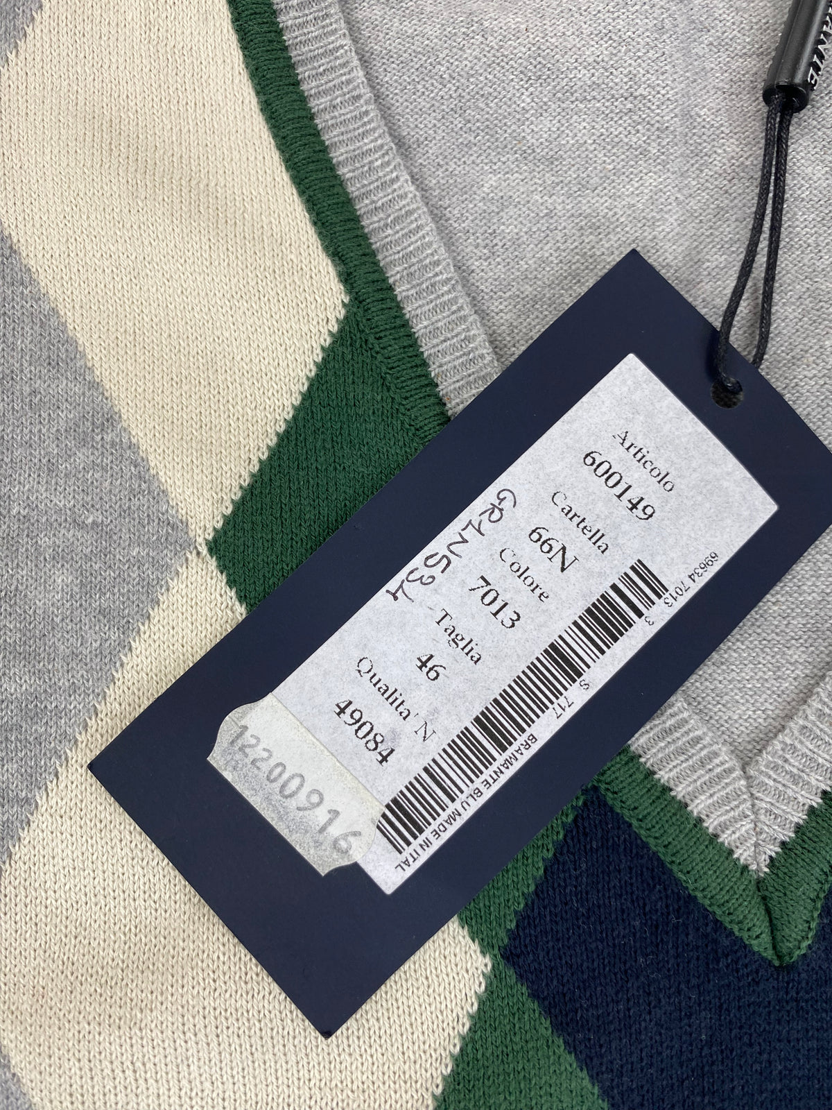 Bramante Maglione Collo a V a Rombi Argyle Verde Grigio Beige in Cotone – foto 7 di 8
