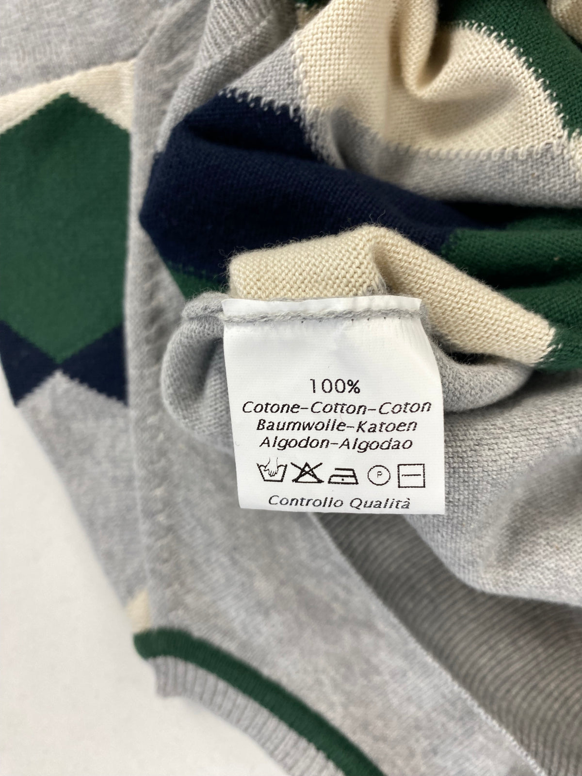 Bramante Maglione Collo a V a Rombi Argyle Verde Grigio Beige in Cotone – foto 8 di 8