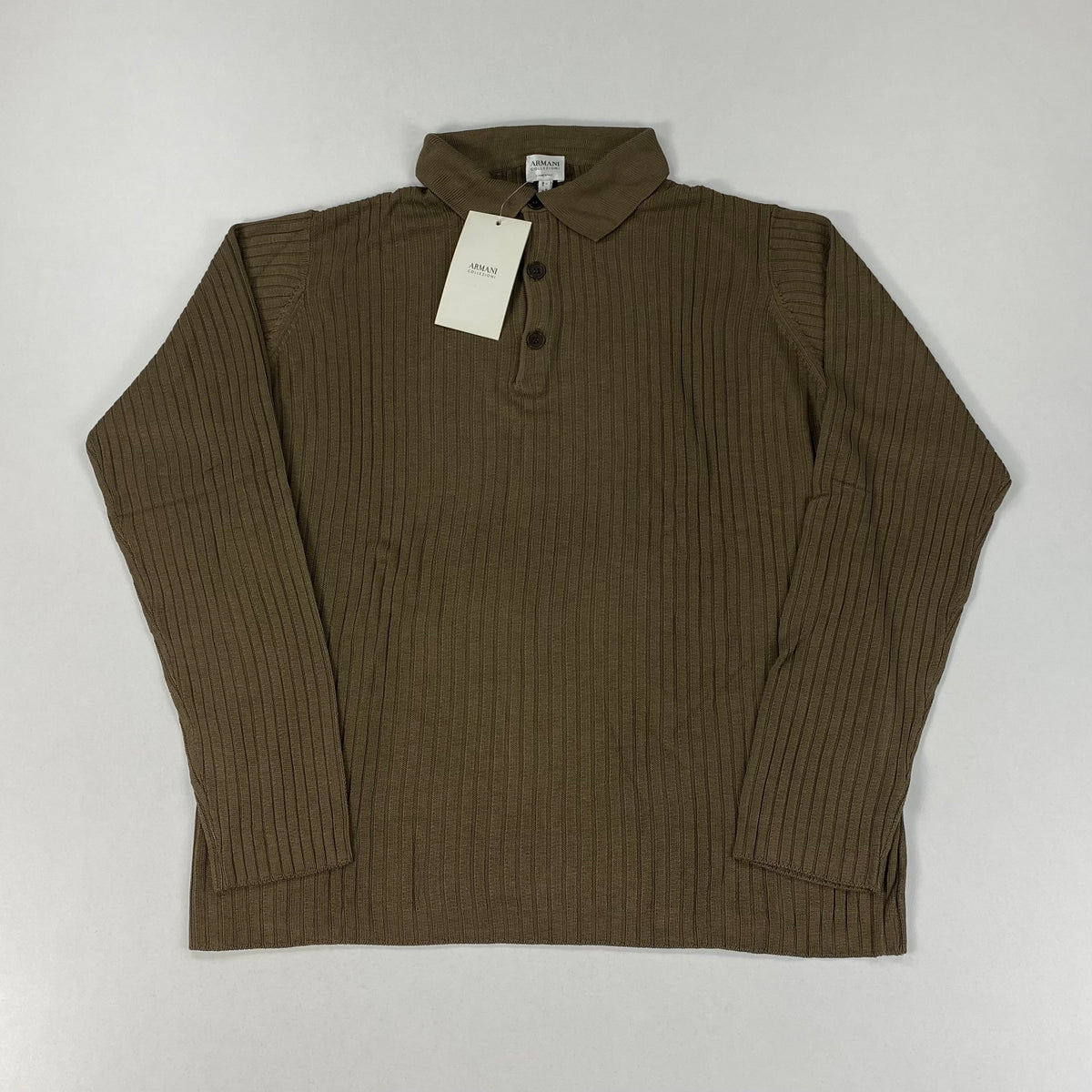 Armani Collezioni Polo Manica Lunga Marrone Talpa a Coste in Viscosa – foto 1 di 6